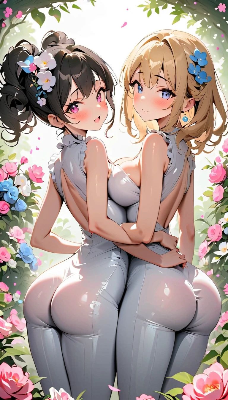 (masterpiece, best quality:1.4), (8K), Young blonde beauty, (((2 short girls in love, 18 years old, neat girl))), detailed blue eyes, long eyelashes, blush, kind smile, horny, upper body, topless, small ass, slender thin legs, vagina, (looking at viewer), beautiful blonde short hair, white-skinned, straight bangs, pigtails, squeezing, on top of each other, (medium size breasts), (mushroom forest, celestial forest, beautiful and magnificent pink sunshine, majestic sky), natural light, pastel colors)