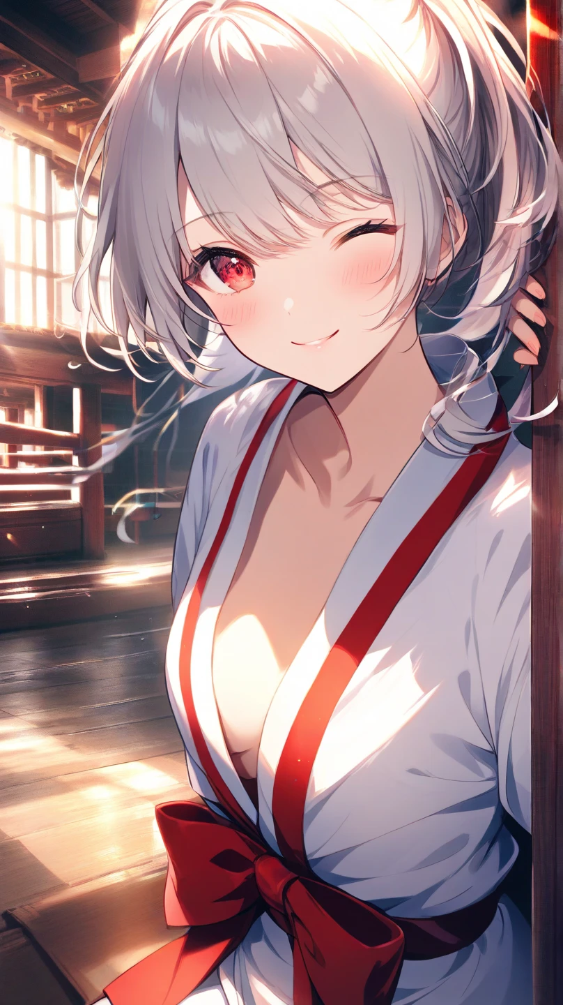 1girl,solo,closeup upperbody,faint smile,evil smile,white (yukata,miko:1.3),Japanese style,head decoration,Cleavage,under wear,Navel,Collarbone,On all fours,See-through