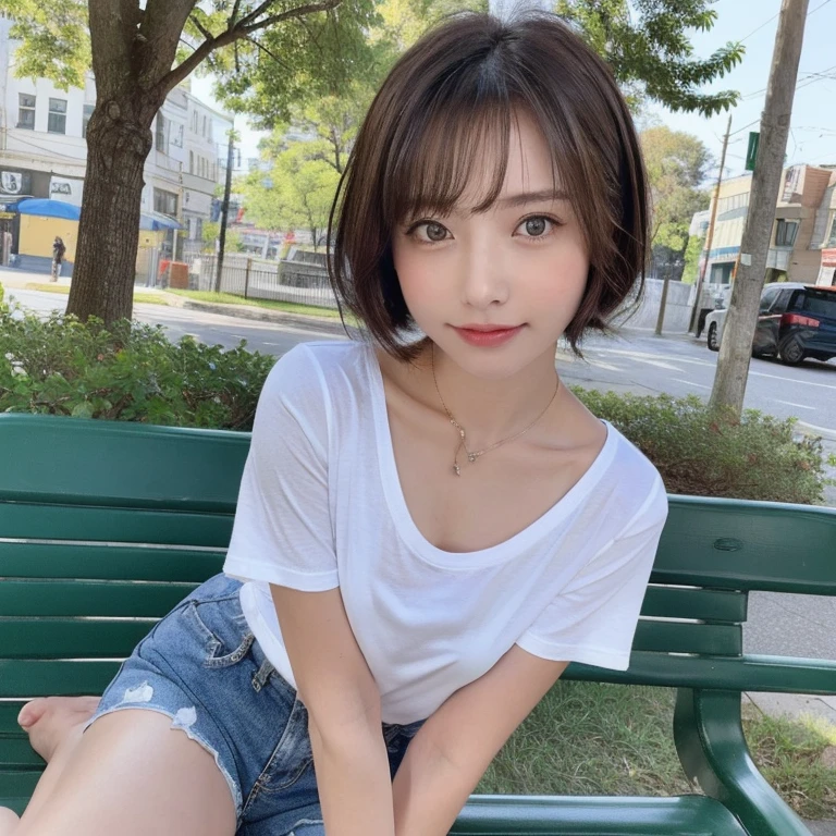 Produce the highest quality and highest resolution 8K images。Please draw the upper body of a 20 year old Japanese woman.。Please draw a picture of someone sitting on a park bench.。She has brown eyes and a model-like figure、She has an idol-level cute face.。Her hair is a bob cut。Clothes、I'm wearing a short-sleeved shirt。The skin is、It is a natural skin color。she、Looking at you with a smile。