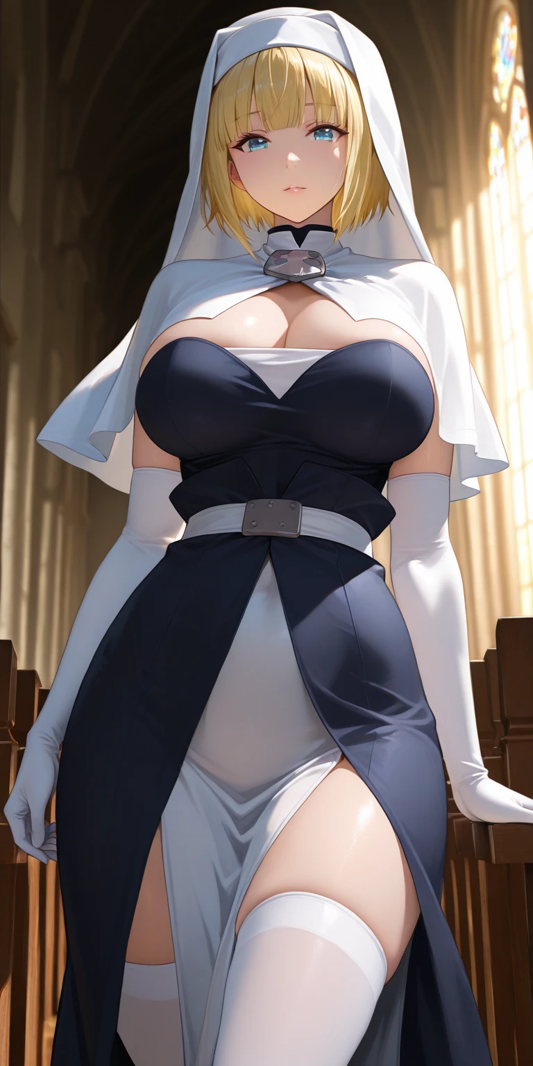 Ultra-realistic 8k CG, beautiful girl with white hair, blue eyes, open mouth, puffy, plump body, nun bandana, corset nun gown, fleshy thighs, white patterned stockings, high heels, (full body: 1.4), looking at the audience, symmetrical, charming, complex, sexy, elegant, hands interlocked,