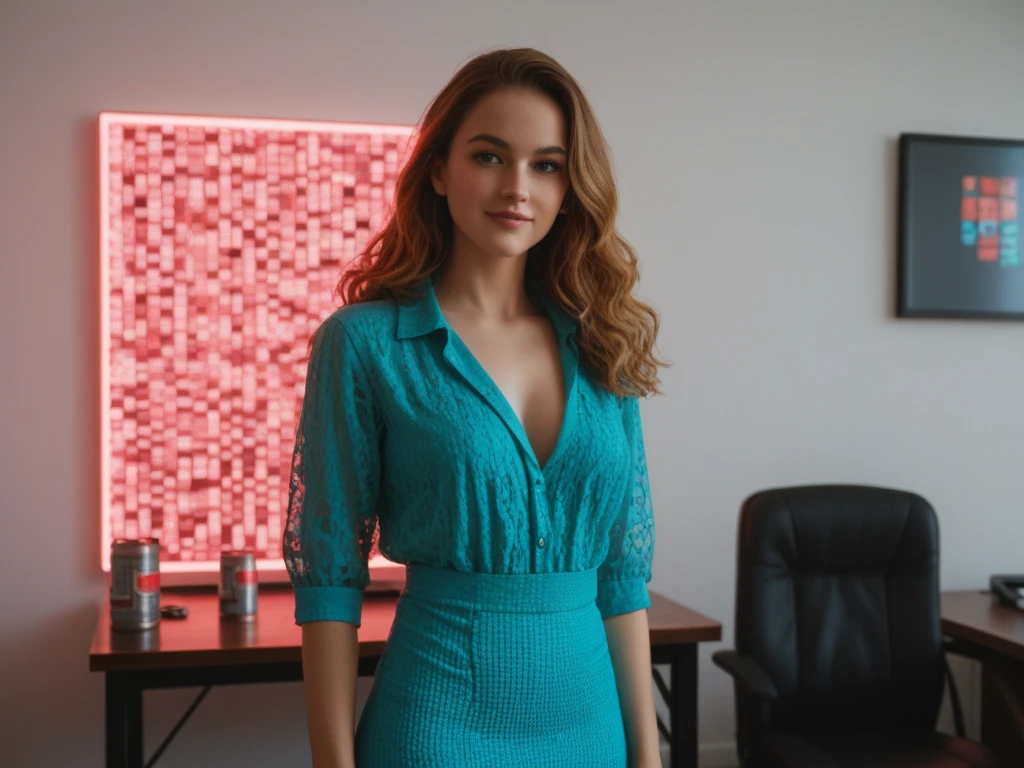 front view to the chest of a beautiful realistic girl with medium-length red hair and blue eyes in beautiful erotic clothes with a cutout on the chest, holding a payment terminal, I work as a cash register technician