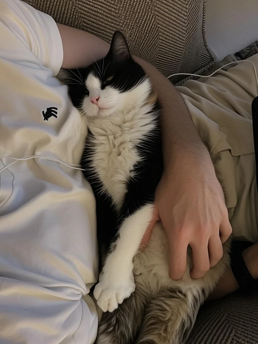 someone is holding a cat in their lap while watching a tv, a cat sitting in a chair, big cheeks holding her cat, with small cat on lap, cat female with a whit and chest, sits on a finger, holding paws, She is facing the camera, sitting on an armchair, paws on head, is looking at the camera, look straight at the camera