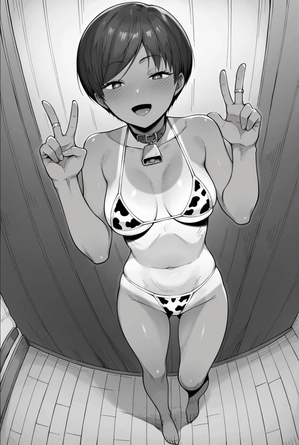 score_9, score_8_up, score_7_up, anime_source, best background, detailed background, full color, Haruka, copper eyes, short bronze hair, bob cut, cow print pattern bikini, tan lines, naughty face, horny, dancing, solo, dynamic camera, dynamic angle, indoors, full body, victory fingers, v fingers,