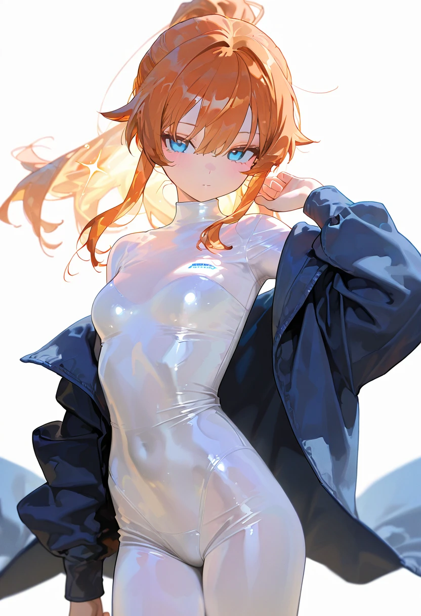 Marie Iraqi、Good looking girl (blush, Perfect Face), independent , Looking at the camera, masterpiece, Anime art style, Cute Characters, Most detailed, high quality、Nico Nico Smile、Cat ear、Orange Hair、Lolita、Small breasts、Running outside、sweating、White short-sleeved gym clothes、Bloomers、See-through、Showing armpits