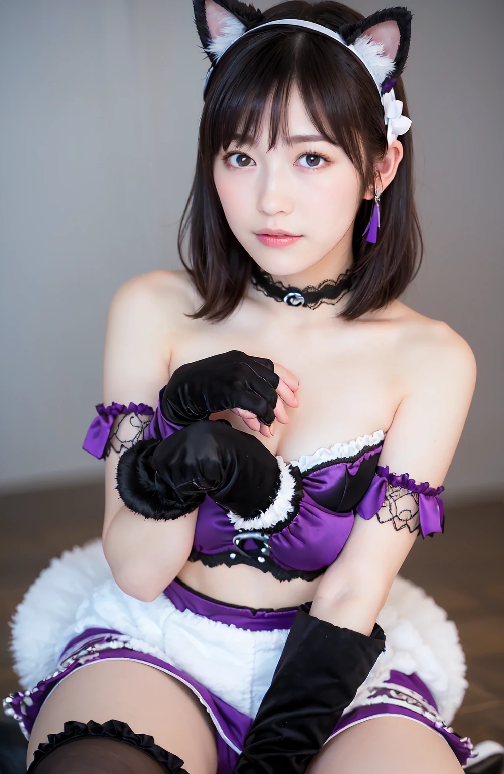 Nude,nude,(topless),(Nipples are visible),vulgarity,public indecency,(From above),Flat Chest,(Slim body),((Slim body)),ショートBob ,Bob,Straight Bangs,ショートBob,坊主Bob,Bobヘアー,Embarrassing,masterpiece,diamond、Earrings,background of fantasy,(((Purple Hair)))、Hair between the eyes, hair ornaments, ヘアribbon, One side up, Purple Hair, ウサギのhair ornaments,Symbol-shaped pupil,Brake belt, Black belt, brooch, dress, ((ピンクと赤のdress, Frillsのdress)), Ruffled gloves, Frills, gloves, ハートbrooch, Idol, Idol clothes, jewelry, Pink gloves, 赤いribbon, ribbon, タートルネックdress,break looking at viewer,Indoor break,break (Tabletop:1.2), Highest quality, High resolution, unity 8k wallpaper, (shape:0.8), (Beautiful details:1.6), Highly detailed face, Perfect lighting, Extremely detailed CG, (Perfect hands, Perfect Anatomy),Laughing with your mouth open、Concert Venues、live house、stage、Cowboy Shot