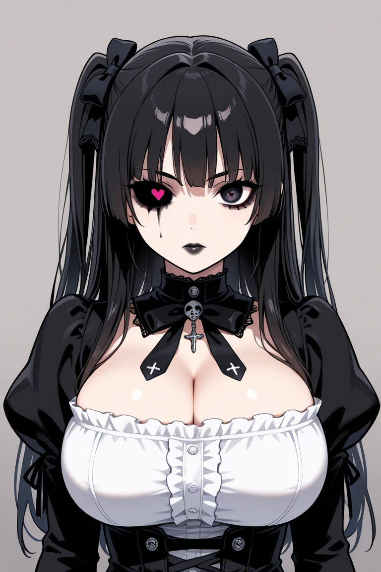 Within the confines of a detailed anime realm,a lady,stylish composition,has snake eyes,ghost effect,stance for attack,has snake eyes,evil smile,laugh out loud,Gothic ta costume with short maid uniform,chocolate dark-skinned female,Hair color is black and scarlet((streaked hair)) with twintail,large breasts,sorcerer,gryphon layer,owns a cool walking stick,magic circle background,Good image quality,8K,16K