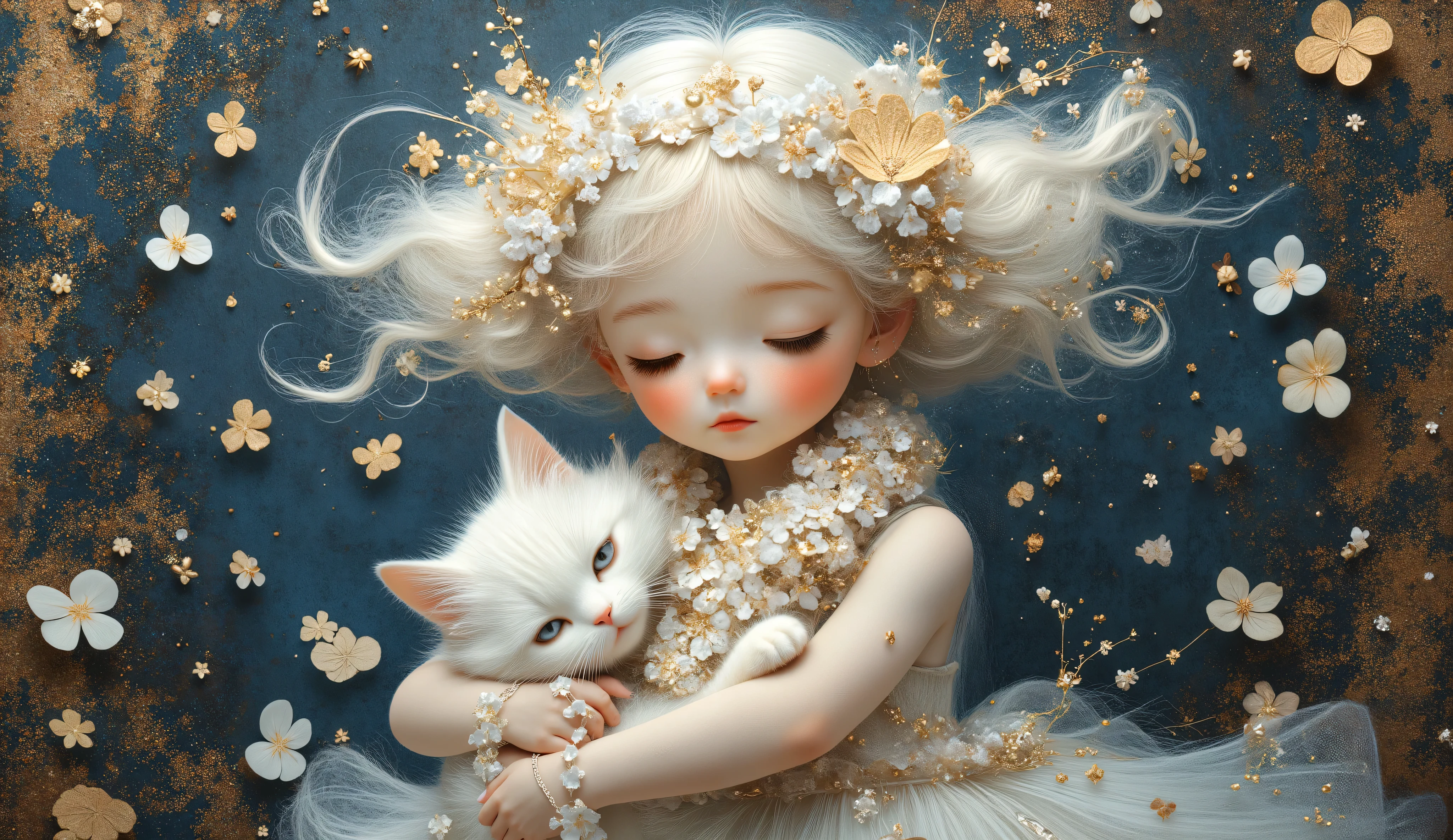 a girl (full body) hugs her white cat, both using a lei of white and gold flowers, her face is sweet and delicate, the wind makes her white hair fly and confuse with the small flowers of the lei, her dress fly with the wind too, color palette: blue, white and gold, blackground is a collage with metallic foil, and rusty material.