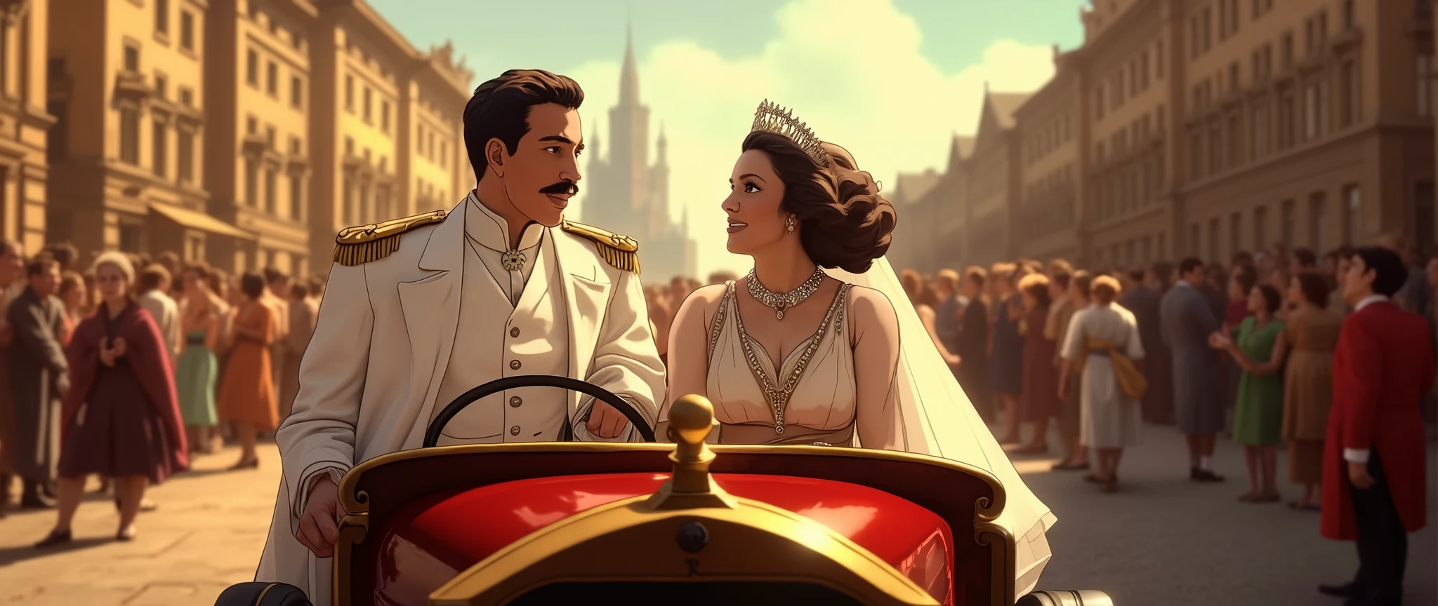 Picture the heavily moustachioed Archduke Franz Ferdinand of Austria, dressed in his elegant white emperor’s attire, riding his vintage car through the streets on a sunny day on June 28, 1914. His wife is also aboard, both smiling and looking happy. The sky is clear and clear, and a lively crowd gathers in the streets, cheering and waving to them enthusiastically. The people look proud and happy, showing admiration for the imperial couple as they enjoy the ride on their special day.. complex clothing textures, warm lighting, photorealistic, cinematic composition, vibrant colors, depth of field (best quality, 8k, high resolution, masterpiece: 1.2), ultra detailed (realistic, photorealistic, photorealistic: 1.37), cinematic lighting, dramatic shadows, romantic scene.