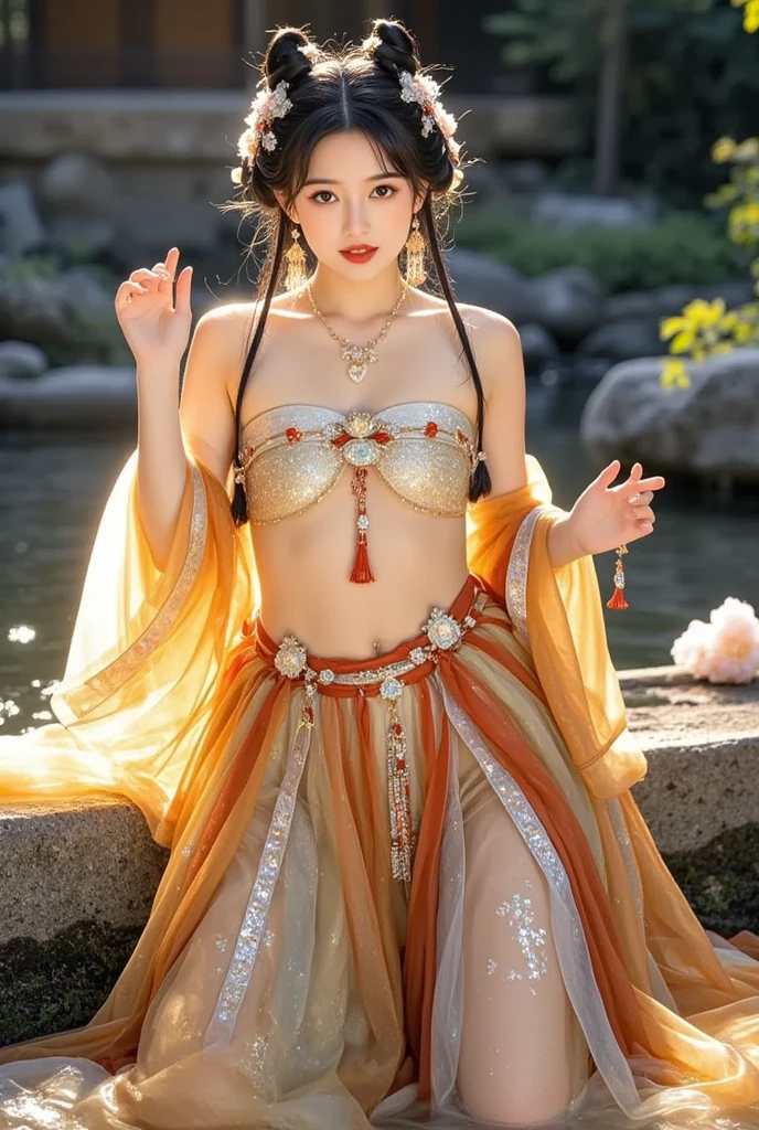 mature gril with reflecting and delicate skin, innocent look, standing pose, , (extremely realistics, highly detailed, flawless world, 8k, masterpiece),(wearing delicate traditional dress),(detailed all body parts),