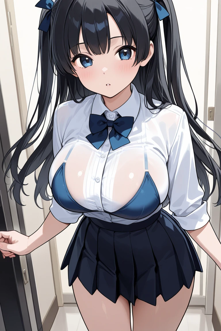 length, Beautiful black hair、Beautiful white skin、Beautiful Blue Eyes、18-year-old female、high school girl、Taking off uniform、Her shirt is open in the front, Exposing the breasts、Big Breasts、Long chest、Saggy breasts、Erect nipples、The chest is exposed、Nipples are exposed、Wear a pleated skirt、Thick thighs、The whole body is projected、A kind smile、Her breast size is H cup、Her uniform is black
