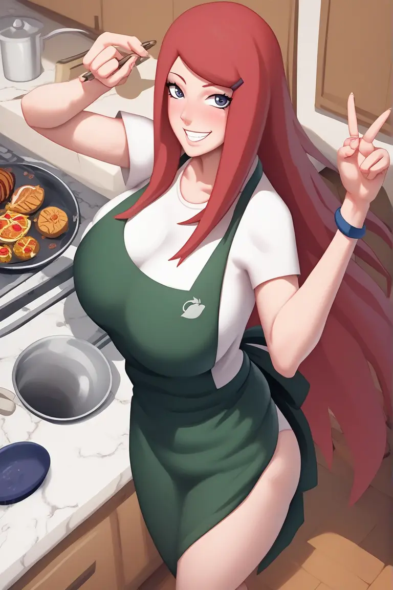 master part, high, high quality, detailed face, detailed body rendering, full body 1girl, solo, nude, nude shoulders, Kushina Uzumaki, large breasts, dark lips, Standing, Blushes, glamour pose, smile, long hair, green eyes, hair clip, bracelet, kitchen
