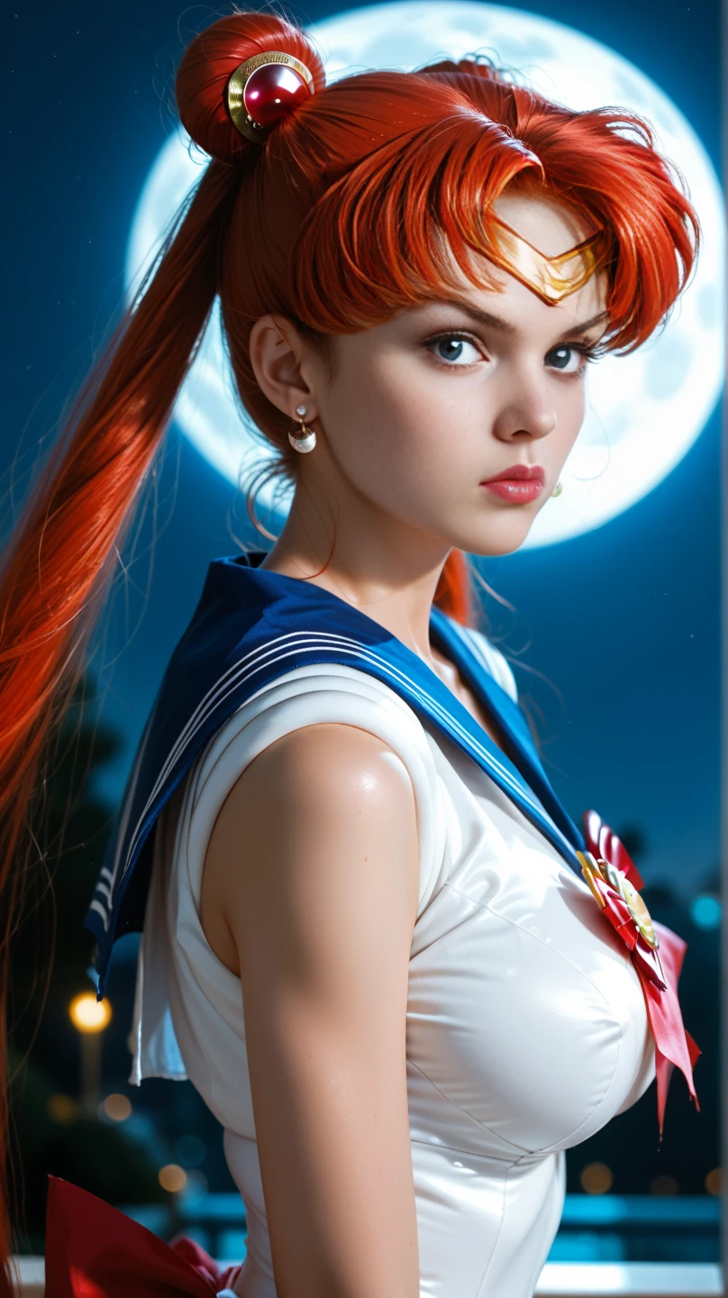 Une femme, 25 ans, cheveux longs, red hairs, rousse, beaucoup de Détails, dans un volcan, sailor moon cosplay, 