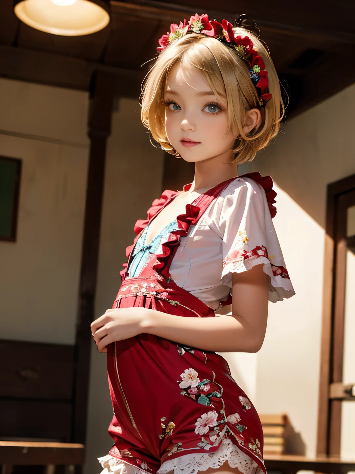 Surrealism, retina, masterpiece, accurate, anatomically correct, super detail, best quality, 8k, extremely precise in every detail, beautiful detailed glow, beautiful attention to detail, beautiful detailed eyes, A young girl stands in a nursery, (wears a frilled red quarter-length short-sleeved baby-rompers with lots of floral pattern:1.2), (the rompers are bulging at the hips:1.1), (the rompers are quarter-length:1.2), shoot from side, smiling, short blonde hair, shiny blue eyes, (flat chest like a boy:1.2), slender body, slim body, wears a frilly headdress on her head, (wears glossy white tights under the rompers), at nursery school