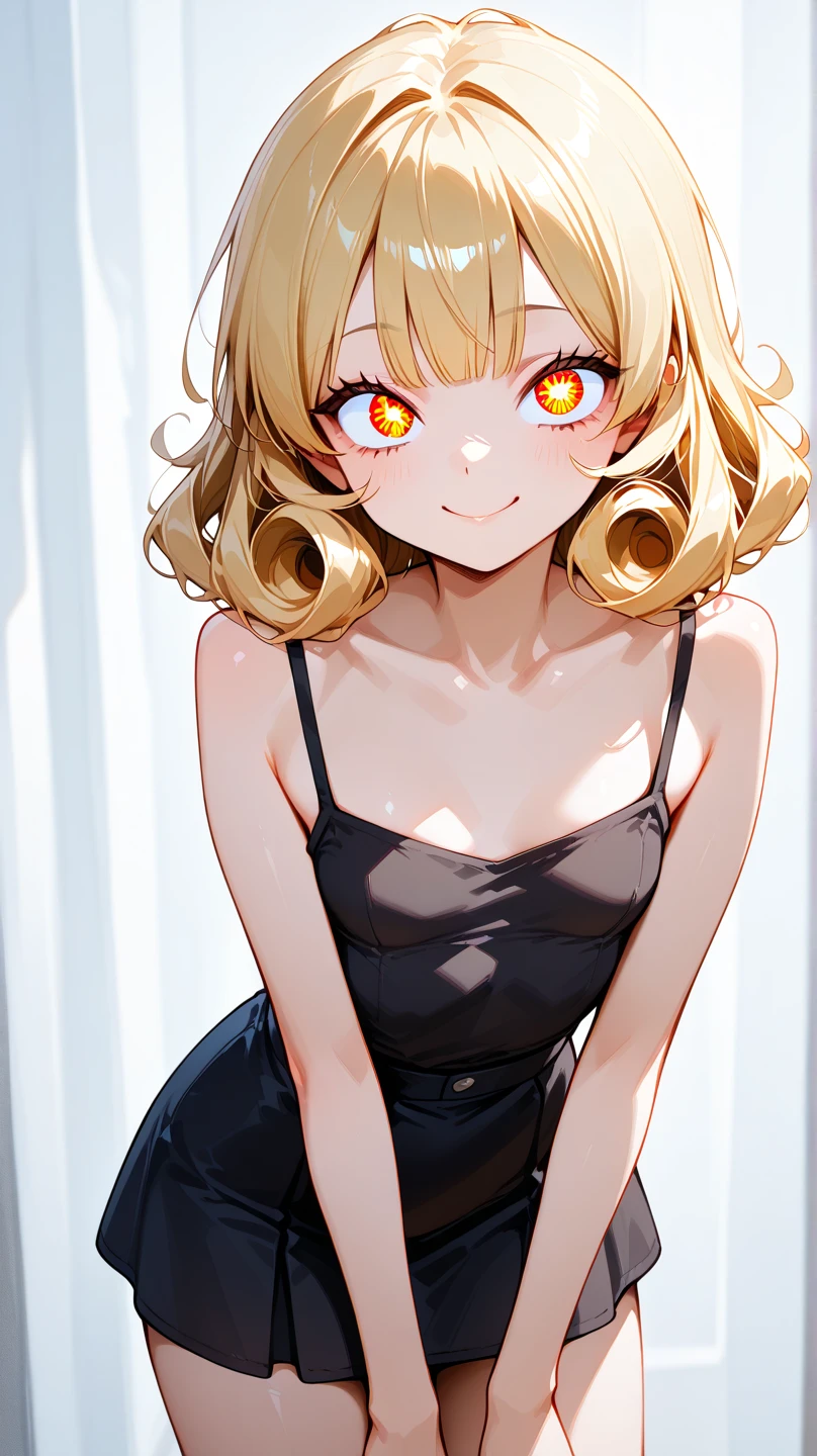 masterpiece, best quality, highres, 1girl, puffupcheeks, crossedeyes, mugshot, city night, blonde short hair, bare shoulders, strapless, <lora:PuffyCheeks:1.4>