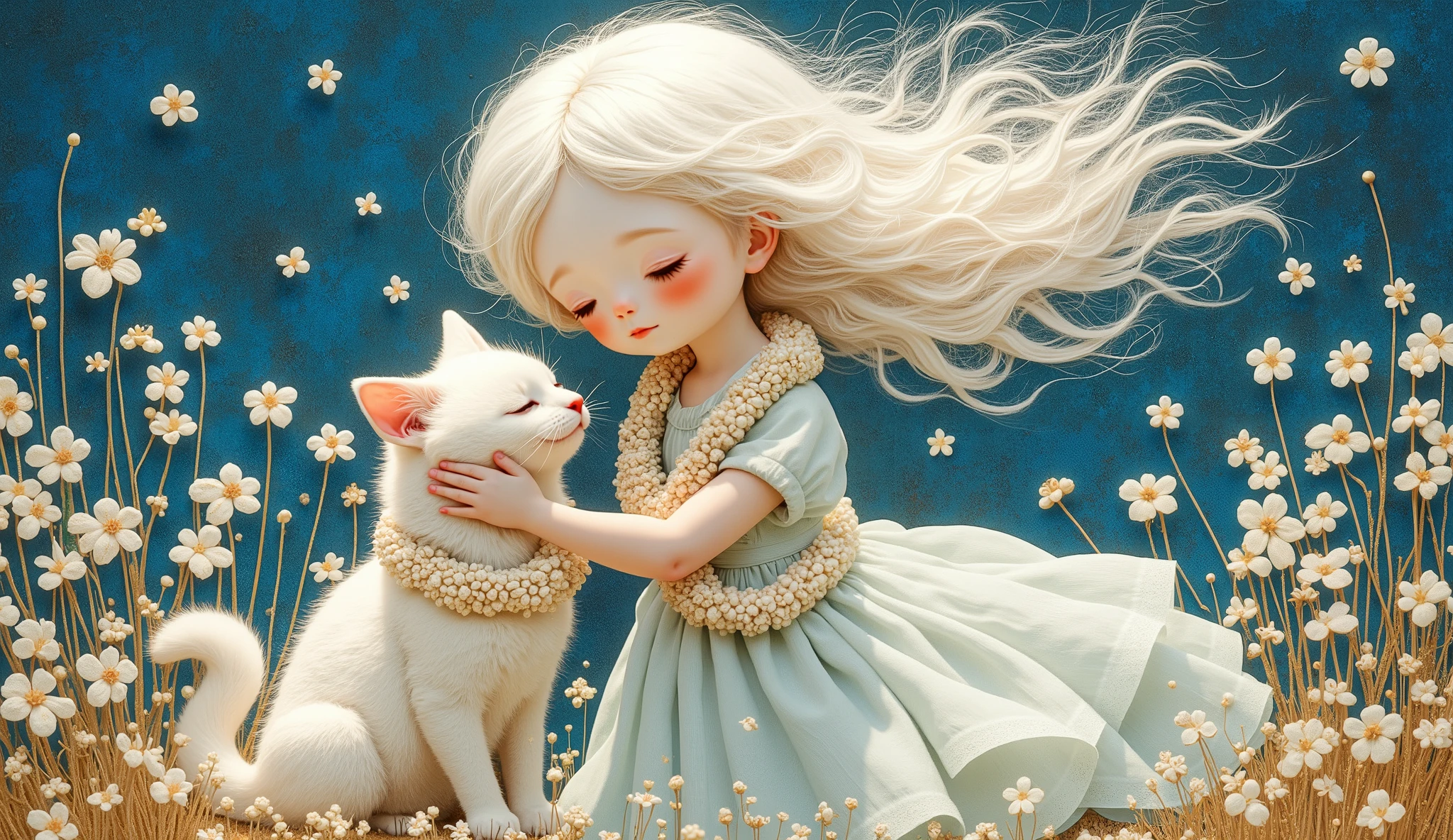 a girl (full body) play with her white cat, both using a lei of white and gold flowers, her face is sweet and delicate, the wind makes her white hair fly and confuse with the small flowers of the lei, her dress fly with the wind too, color palette: blue, white and gold, blackground is a collage with metallic foil, and rusty material.
