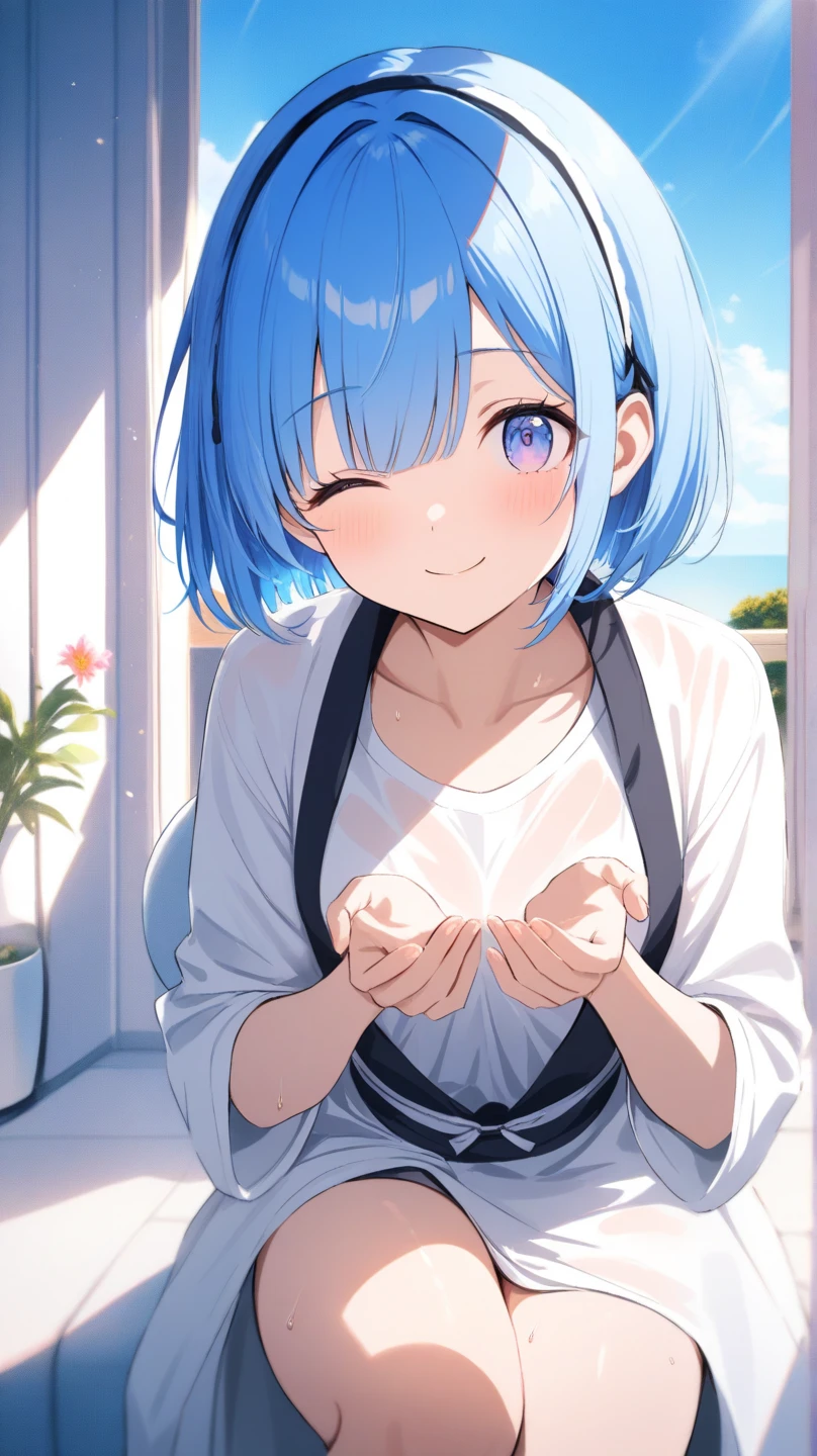 best quality, amazing quality, very aesthetic, absurdres, 1girl,arona (blue archive), blue archive, blue eyes, (artist official art:1.5), (realistic face:0.65), blush, breasts_apart, (loop writing:1.5), small breasts, orange color light, collarbone, commentary_request, cowboy_shot, downblouse, dress_shirt, green_skirt, hair_intakes, hanging_breasts, highres, lab_coat, leaning_forward, long_sleeves, looking_at_viewer, open_coat, open_mouth, sleeves_past_wrists, solo, white_background, white_shirt, nsfw, concept art, expressive eyes, perfect face, 4k, extremely detailed anime illustration, extremely detailed eyes, enhanced details, perfect anatomy, light rays, photo background, extremely delicate body, smooth skin, feminine expression, black background, cristal clear eyes, beautiful face