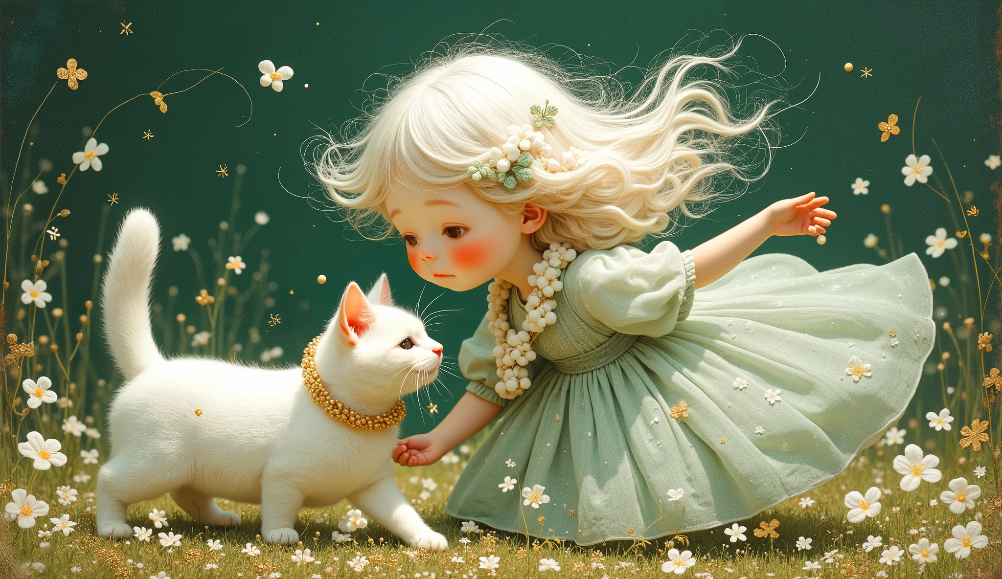 a girl (full body) play with her white cat, both using a lei of white and gold flowers, her face is sweet and delicate, the wind makes her white hair fly and confuse with the small flowers of the lei, her dress fly with the wind too, color palette: green, white, silver and gold, blackground is a collage with metallic foil, and rusty material.