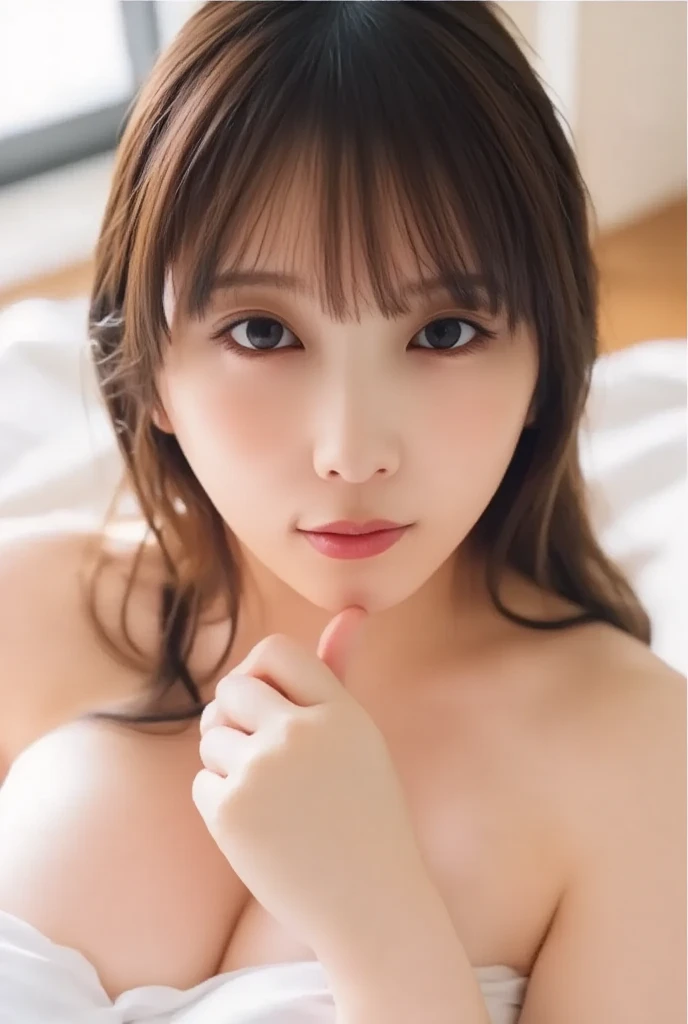Highest quality, (beautiful)、Naked man and woman pair、Have sex、Open your mouth、、Full view of boobs、Nipples、Soft 、Taken from directly above、cry、bed