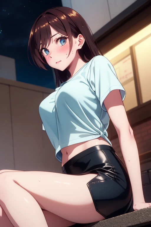 blue eyes, wearing long plain white shirt, high res, ultrasharp, masterpiece, wet shirt, black short hair, skinny legs, penetrate pussy, crowd not notice visible to viewer, secretly having sex, tiny girl, very close to other people, lay on side, seats in big crowd, look over shoulder