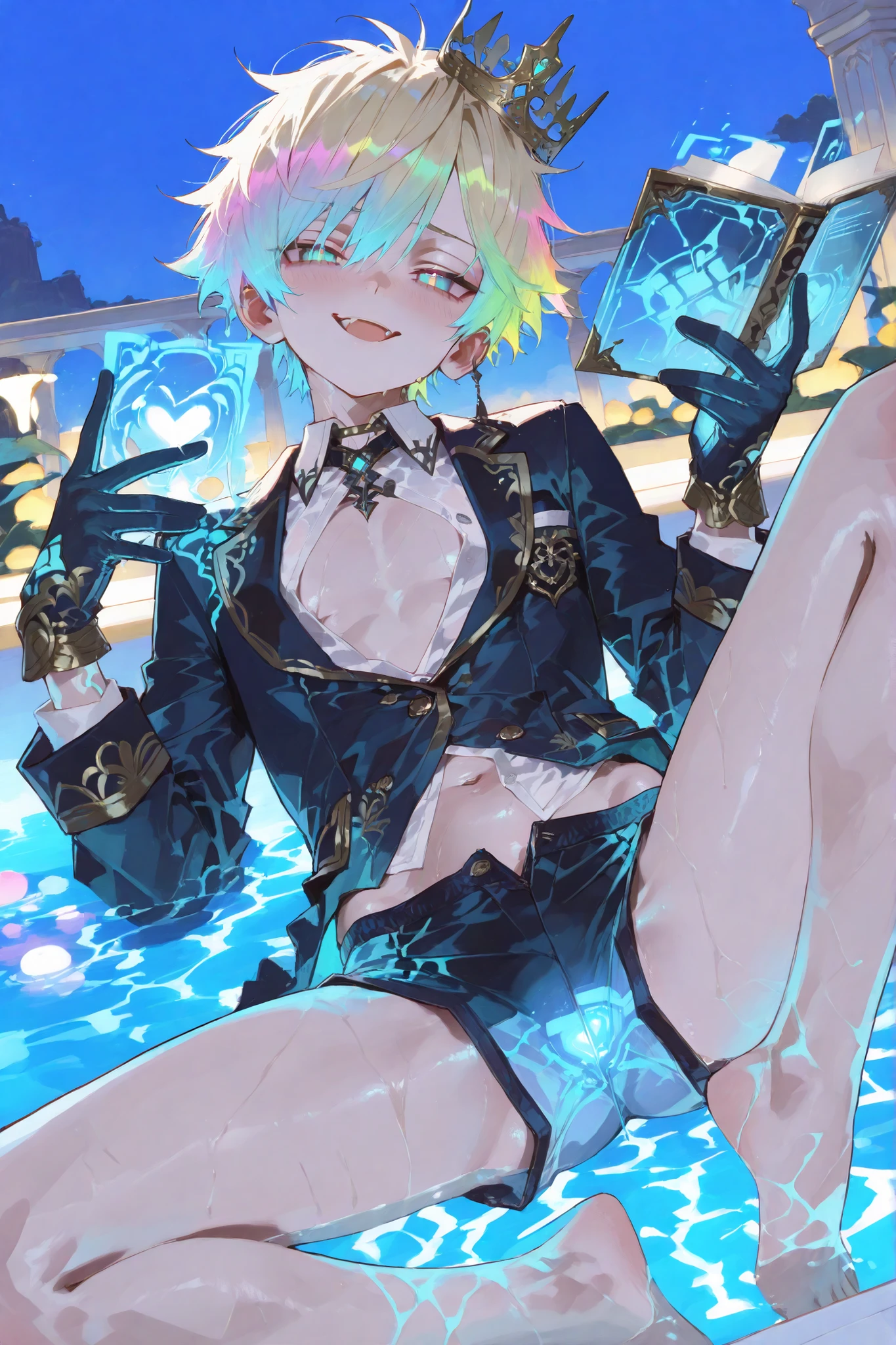petite young slim athletic black manly boy boy focused boy very toddler young old boy, smooth glowing fair skin, unique messy layered messy hair split into pure white with neatly trimmed sides, side-swept bangs partly covering one eye, sharp dreamy eyes matching the colors of his hair, wearing glossy combat holographic fantasy formal baggy swim sex unbuttoned uncensored sexshorts in white, red, and blue, clinging to his body with high collared unbuttoned blazer, and visible outline of his glamourous big crown, with holographic tech fantasy gloves on glowing icy ground under a bright blue sky, his colorful hair, awesome sexy spread legs pose LYING ON HIS BACK WITH A SMIRK , soft serious misty aura of cold swirling around his barefoot , background of giant fantasy luxury late night pool bath landscapes, anime-style, highly detailed, sexy fantasy energy, vibrant colorful fantasy vibe, holding a holographic book, heart warming happy face, open mouth with blood