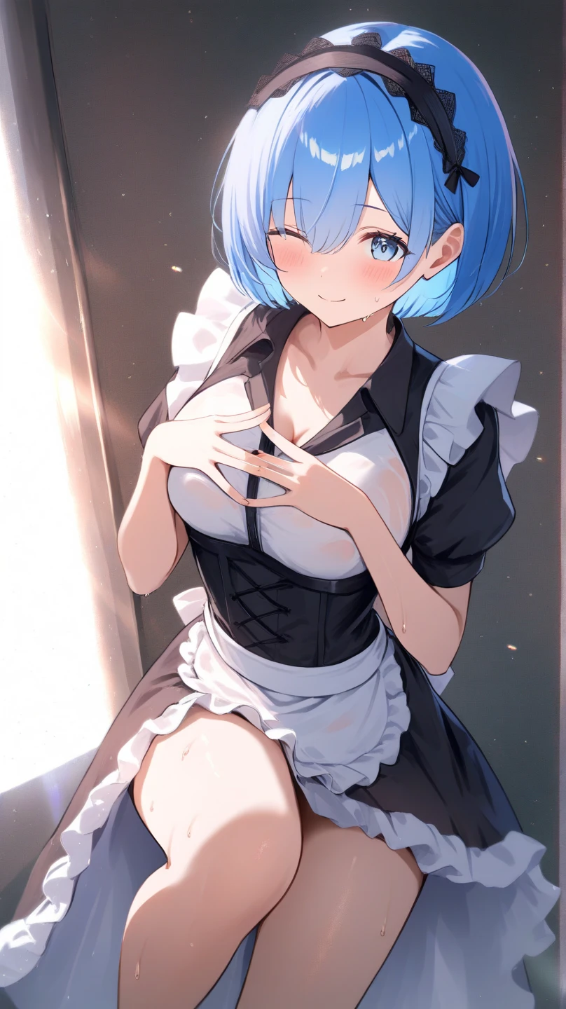 BREAK looking at viewer,BREAK (masterpiece:1.2), best quality, high resolution, unity 8k wallpaper, (illustration:0.8), (beautiful detailed eyes:1.6), extremely detailed face, perfect lighting, extremely detailed CG, (perfect hands, perfect anatomy),mansion,bedroom,windows,night,rem, blue eyes, blue hair, hair ornament, hair over one eye, hair ribbon, short hair, x hair ornament
apron,flower, head wreath, maid,short hair, skirt, thighhighs, waist apron, white apron, white thighhighs,blue hair,shy face,nipples see through,upper body,upskirt,on all fours,on knees,bend over