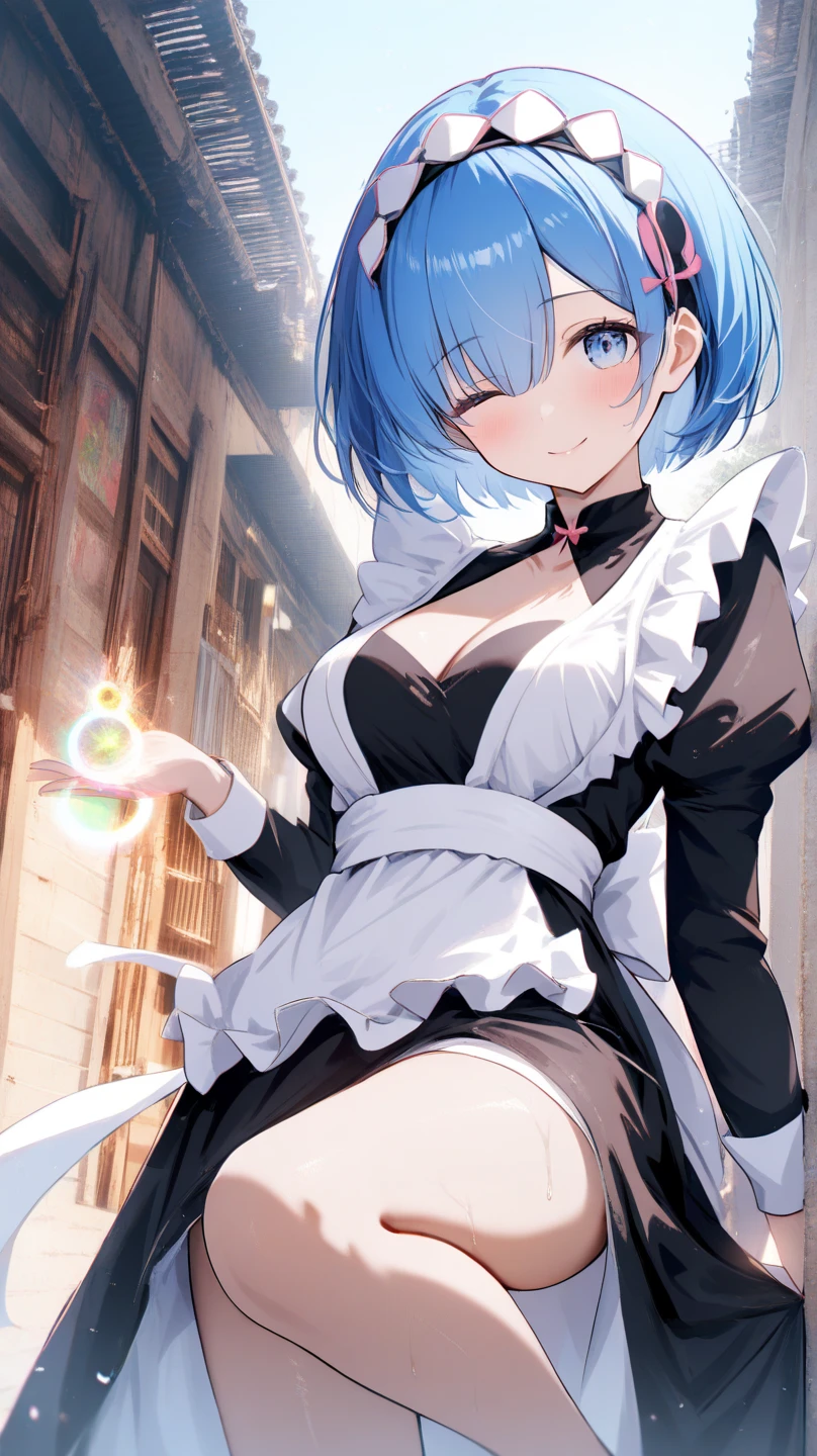 masterpiece, 最好of质量, Super detailed, illustration, 史诗般of灯光, composition, 丰富多彩of, 锋利of:1.3, 1 girl, aboutm_\(about:zero\), medium baboutasts, blue hair, short hair, (hair over one eye:1.3), Eye_可见of_pass_hair, blue Eye, Rosswar_building_maid_, apron, white stockings, garters, sexy,Off the shoulders,permanent, (8k:1.1),rem,medium breasts,绿色of: 1.5, orange: 1.1, 白色of: 1.3, of: 1.3, , post apocalyptic world, tattoo, (lupas pufferfish: 1.2), Giant machines, misterburn, Wire, part