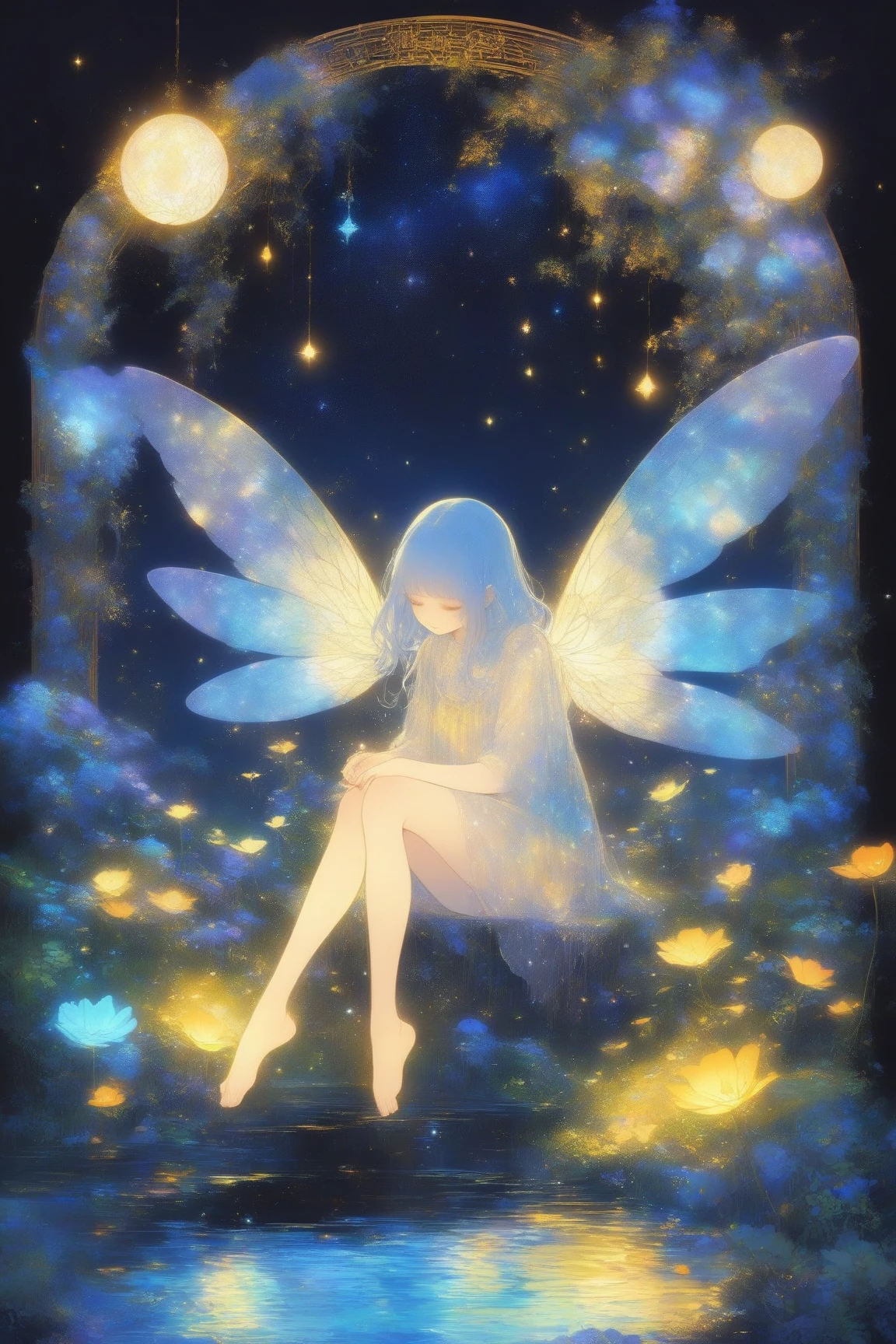 Whimsical illustrations depicting glowing fairies drawn on a dark blue background,I'm wearing a galaxy dress, Delicate golden accents in flowing blue hair, A pair of mysterious wings that shine in a golden color similar to leaves and vines,The wings are very big,Overall, the atmosphere is ethereal and dreamy,The fairy girl is crouching down while holding her knees,妖精は小さな発光浮遊生物やお化け👻などの神秘的な要素に囲まれている,flower, And the stars, golden glow ,The dark background is the entire scene It creates a contrast that accentuates the vivid colors scattered around and the brilliance,evokes a sense of magic and wonder,Dreamy psychedelic anime, Anime Art Nouveau, space display , animated film, Mysterious still images,bare feet