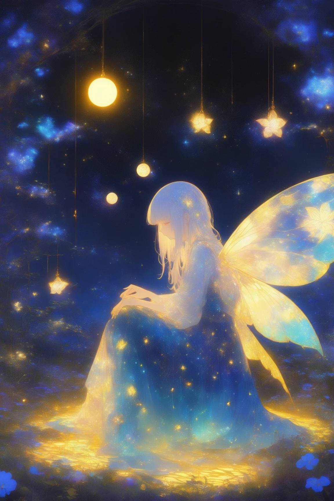 Whimsical illustrations depicting glowing fairies drawn on a dark blue background,I'm wearing a galaxy dress, Delicate golden accents in flowing blue hair, A pair of mysterious wings that shine in a golden color similar to leaves and vines,The wings are very big,Overall, the atmosphere is ethereal and dreamy,The fairy girl is crouching down while holding her knees,妖精は小さな発光浮遊生物やお化け👻などの神秘的な要素に囲まれている,flower, And the stars, golden glow ,The dark background is the entire scene It creates a contrast that accentuates the vivid colors scattered around and the brilliance,evokes a sense of magic and wonder,Dreamy psychedelic anime, Anime Art Nouveau, space display , animated film, Mysterious still images,bare feet