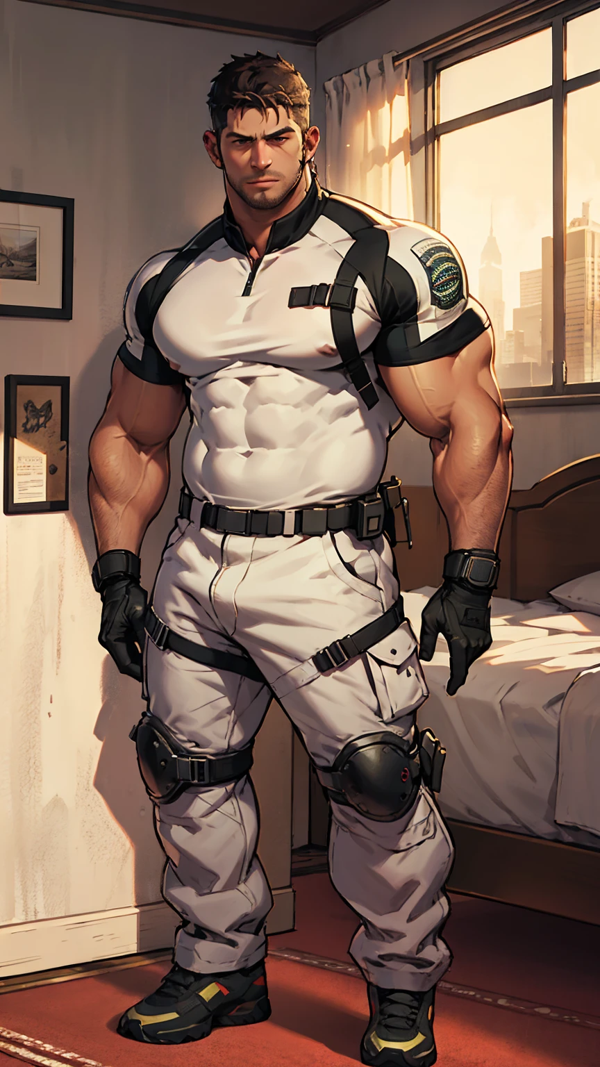 Movie promotional poster, character design (Resident Evil - Chris Redfield, Chris Redfield) wearing a handsome rice milk white camouflage suit, lying on a milky white soft big bed, sad expression, muscle male hero, heroic male pose, tall and burly, muscular! Wearing sunglasses, sexy charming muscular leg muscles, tall burly, handsome off-white camouflage suit, super gain and cool, high resolution committee, cream white combat boots, attractive strong male, bright moonlight on the body, lonely