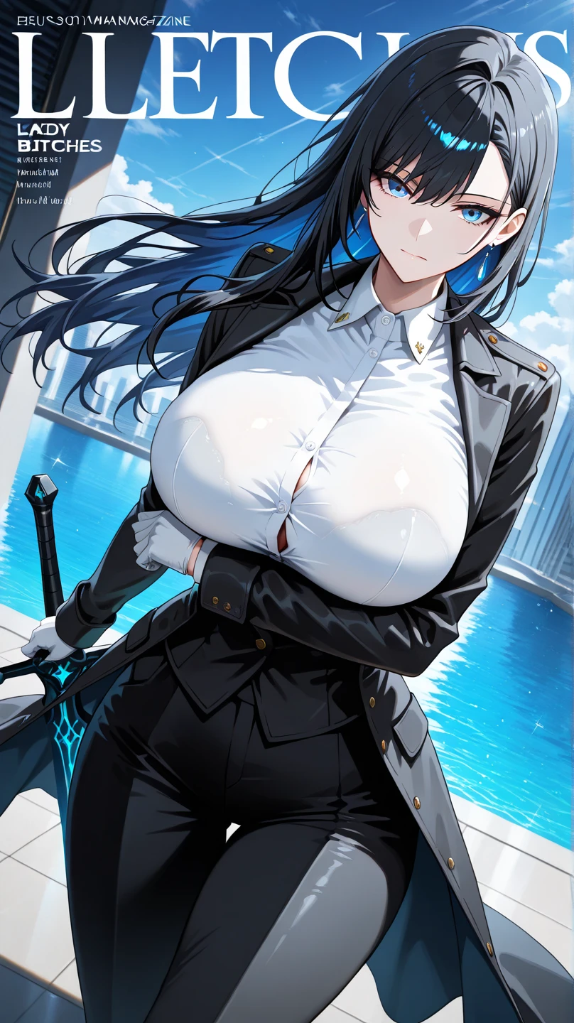 Close up face and chest, 1 girl, ((huge breasts)), ((large breasts)), blue eyes, night city, rain, coat, hands in pockets,