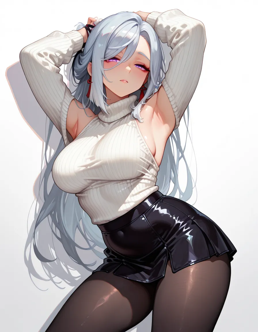 score_9, score_8_superior, score_7_superior, score_6_superior,a cartoon character with huge boobs in underwear and panties lying on a bed, 1girl, breasts, solo, @ @, red nails, virtual youtuber, long hair, navel, red eyes, thighhighs, grey hair, large breasts, sakamata chloe, underboob, black hair, side-tie panties, looking at viewer, streaked hair, white background, panties, white panties, multicolored hair, detached sleeves, hair ornament, simple background, blush, underwear, braid, sweater, x hair ornament, turtleneck