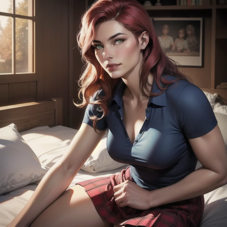 Jewel Staite as Kaylee from Firefly, undone olive green coveralls, short pink crop top, long brunette hair, perfect breasts, sexy pose, laying on her side, smile