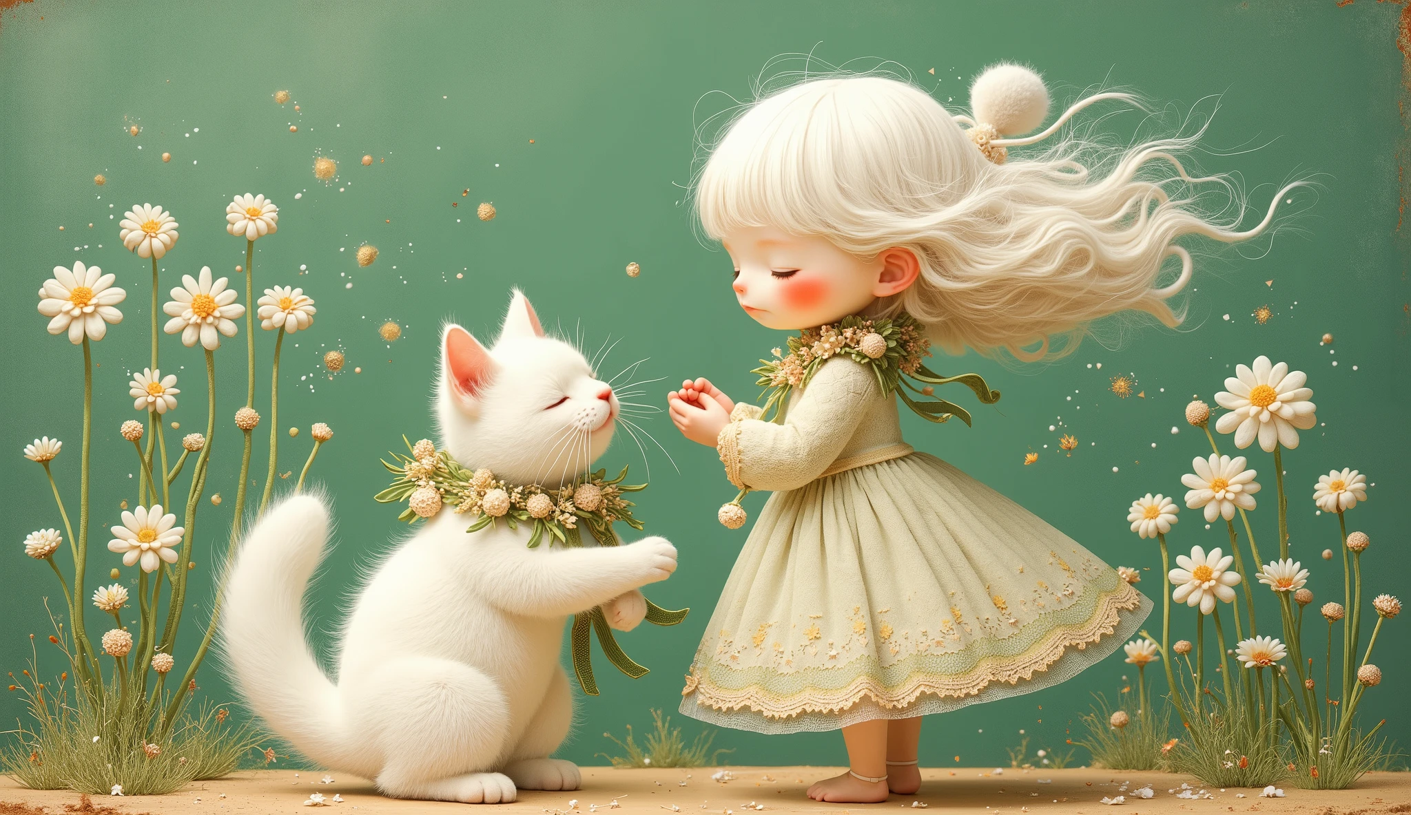 a girl (full body) play with her white cat, both using a lei of white and gold flowers, her face is sweet and delicate, the wind makes her white hair fly and confuse with the small flowers of the lei, her dress fly with the wind too, color palette: green, white, silver and gold, blackground is a collage with metallic foil, and rusty material.