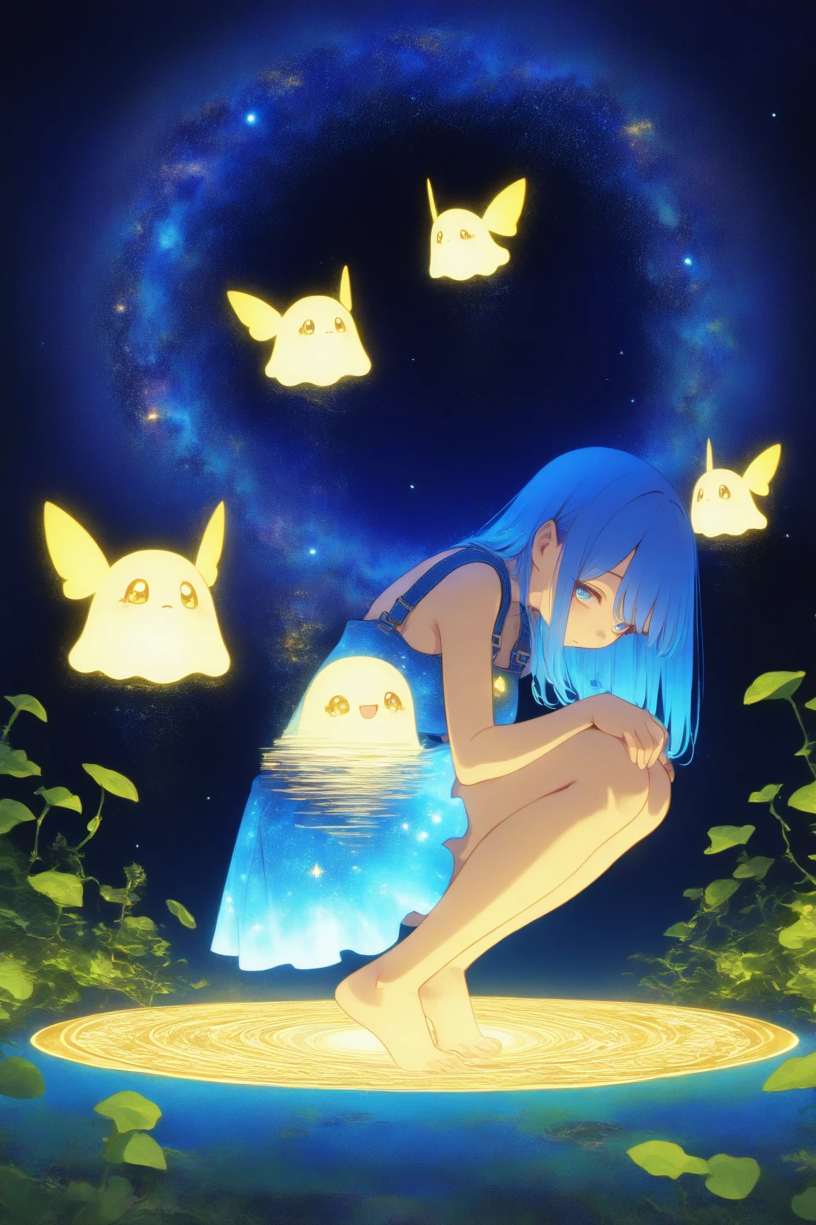 Whimsical illustrations depicting glowing fairies drawn on a dark blue background,I'm wearing a galaxy dress, Delicate golden accents in flowing blue hair, A pair of mysterious wings that shine in a golden color similar to leaves and vines,The wings are very big,Overall, the atmosphere is ethereal and dreamy,The fairy girl is crouching down while holding her knees,妖精は小さな発光浮遊生物やお化け👻などの神秘的な要素に囲まれている,flower, And the stars, golden glow ,The dark background is the entire scene It creates a contrast that accentuates the vivid colors scattered around and the brilliance,evokes a sense of magic and wonder,Dreamy psychedelic anime, Anime Art Nouveau, space display , animated film, Mysterious still images,bare feet