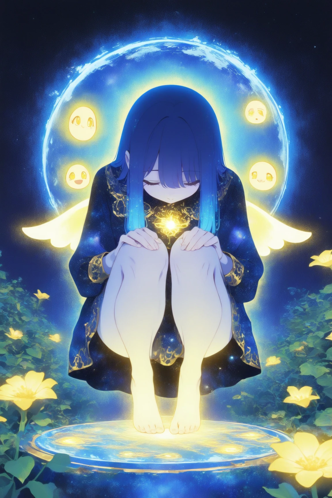 Whimsical illustrations depicting glowing fairies drawn on a dark blue background,I'm wearing a galaxy dress, Delicate golden accents in flowing blue hair, A pair of mysterious wings that shine in a golden color similar to leaves and vines,The wings are very big,Overall, the atmosphere is ethereal and dreamy,The fairy girl is crouching down while holding her knees,妖精は小さな発光浮遊生物やお化け👻などの神秘的な要素に囲まれている,flower, And the stars, golden glow ,The dark background is the entire scene It creates a contrast that accentuates the vivid colors scattered around and the brilliance,evokes a sense of magic and wonder,Dreamy psychedelic anime, Anime Art Nouveau, space display , animated film, Mysterious still images,bare feet
