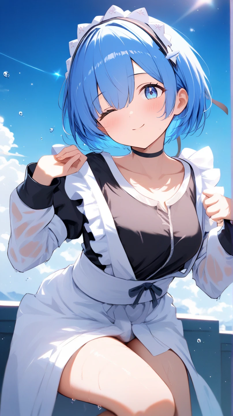 (anime style),masterpiece, best quality, extremely detailed,from side,10Year old,tanned skin,dark skin, Beautiful body,BREAK,multicolored colorful Blue hair,short hair,hair slicked back,wet body,BREAK,black eyes,happy smile,open mouth,eyes half open face,detailed lips,BREAK,cotton black big ribbon,BREAK, Black wide camisole,striped shorts,off shoulder,frilled clothing microskirt,break,head tilt,face down pose,in the Gothic room,stomac down