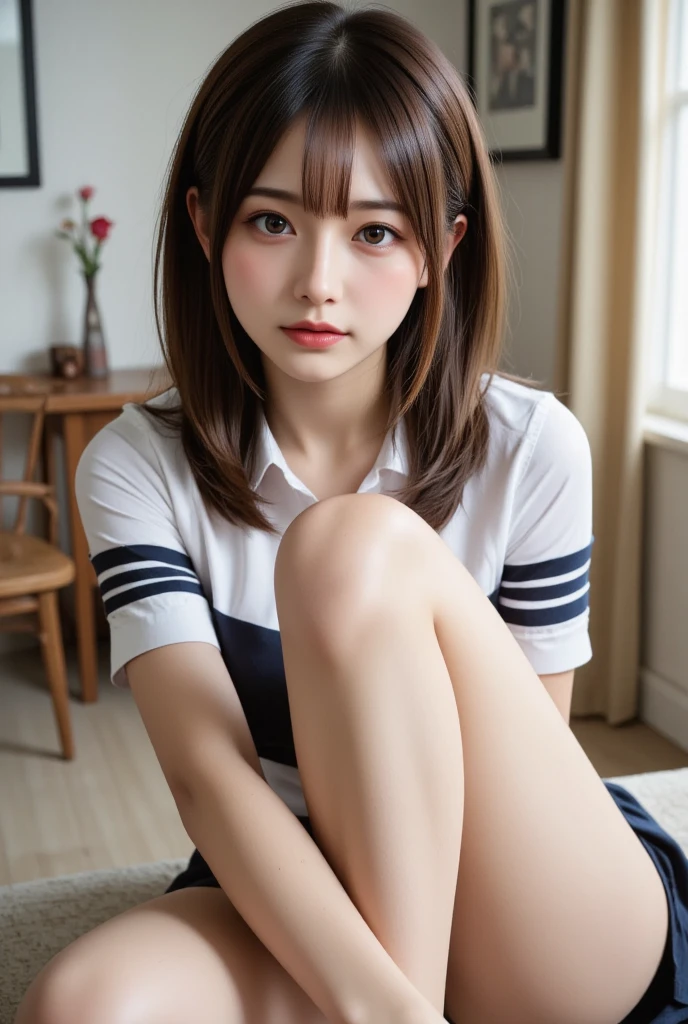 (Close-up:1.4)、(RAW shooting:1.2)、(Photorealistic:1.4)、(masterpiece:1.3)、(highest quality:1.4)、One Girl、(Slender and beautiful girl)、View Viewer、Cute Face、Shiny skin、(short hair:1.5、Bobcut:1.4、Brown Hair)、(Medium breast:1.6、Beautiful thighs)、Beautiful Hair、The most beautiful face in the world、Small Face Beauty、Golden Ratio、Beautiful detailed eyes、Beautiful body、Beautiful feet、Beautiful fingers、Collared shirt、Pleated mini skirt、Checkered bow tie))、(Beautiful views)、School、(squat)、(Looking up)、Spread your legs、Front view、(From below:1.3)、Hips are visible、Down to the toes、loafers、from the front、squat、?????? close-up、Hug your feet、from the front、Flip up the skirt、、Underwear is visible、White underwear、(Perfect ???????:1.2)、Perfect Fingers
