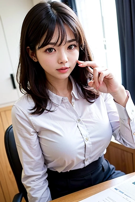 masterpiece、highest quality、16K、soft light、professional lighting、Pale shading、Weak contrast、Japanese、beautiful girl、daytime office、Window seat、sitting in front of the computer、Pink loose blouse、pleated skirt of beige color、smooth and beautiful thighs、(big breasts:1.3)、Faint cleavage、fine and beautiful eyes、cute hanging eyes、gentle smile、(Thin, straight, long hair、high ponytail),(The bangs are see-through bangs)、