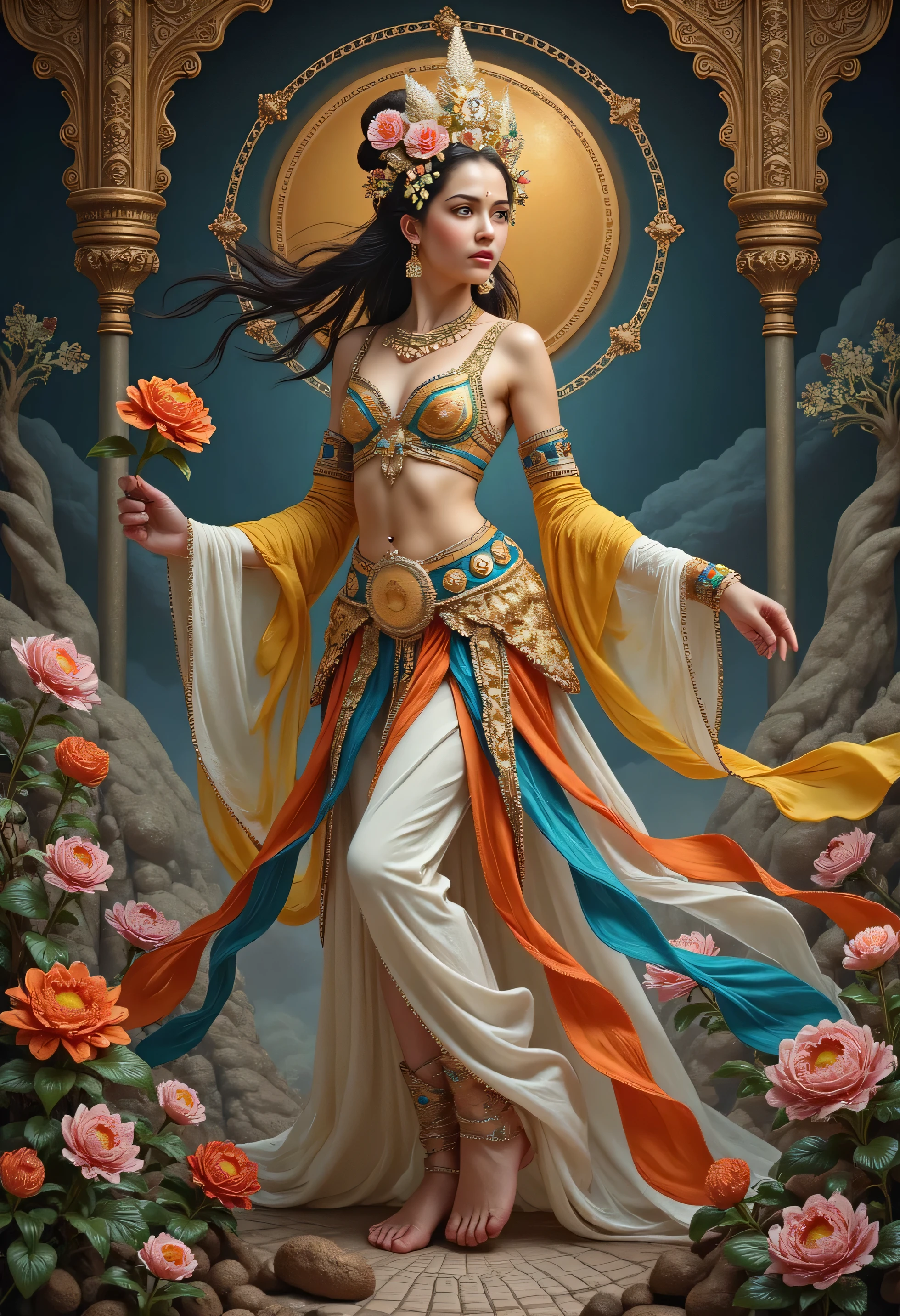 Balinese girl with gold coins, beautiful outfits embroidered with intricate embroidery, fluid, long and transparent colored ribbons tied to her arms, inspired by the Dunhuang Flying Apsaras murals, showing the navel, bare shoulders , the bare neck , her hair in a high bun with flower hairpins, ribbons on her arm rings, crowns, bracelets , Anklets, metal chain tassels at the waist, Mogao cave art, ink painting, cgStation Pop, in the castle of the night, ((cuerpo completo)), (( clothing))
