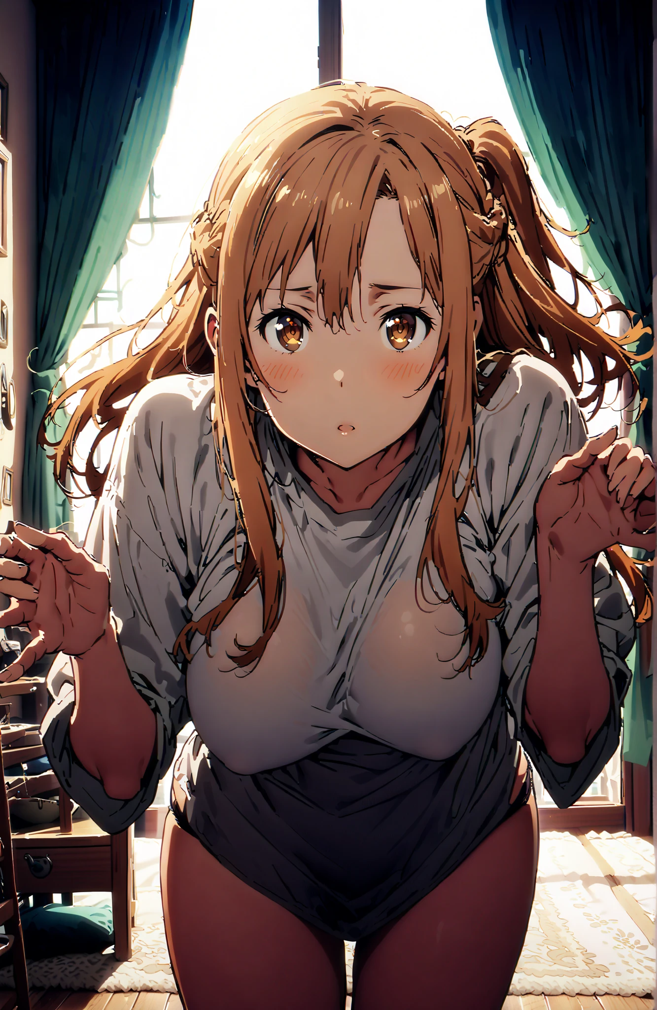 score_9, score_8_up, score_7_up, source_anime, Asuna Yuki , long hair, bungs, Hair,brown eyes in the bedroom,Big Breasts,half updo,oversized t-shirt,black string panties,Bare legs,Lift the hem of the shirt with both hands,standing, Beautiful Streetscapes, beautiful night view with depth,embarrassing,mouth,blush,interior,curtains, bet,window,full bodyがイラストに入るように,in their 40s looking at viewer,full body,
in their 40s indoors, bedroom,
in their 40s (masterpiece:1.2), best quality, high resolution, Unity 8Kの壁紙, ( 's art :0.8), (beautiful detailed eyes:1.6), very detailed face, perfect lighting, very detailed CG, (perfect hand in h, Perfect Anatomy),