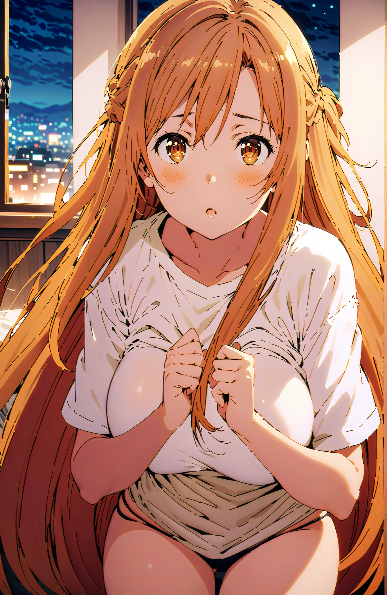 score_9, score_8_up, score_7_up, source_anime, Asuna Yuki , long hair, bungs, Hair,brown eyes in the bedroom,Big Breasts,half updo,oversized t-shirt,black string panties,Bare legs,lift shirt with both hands,standing, Beautiful Streetscapes, beautiful night view with depth,embarrassing,mouth,blush,interior,curtains, bet,window,full bodyがイラストに入るように,in their 40s looking at viewer,full body,
in their 40s indoors, bedroom,
in their 40s (masterpiece:1.2), best quality, high resolution, Unity 8Kの壁紙, ( 's art :0.8), (beautiful detailed eyes:1.6), very detailed face, perfect lighting, very detailed CG, (perfect hand in h, Perfect Anatomy),