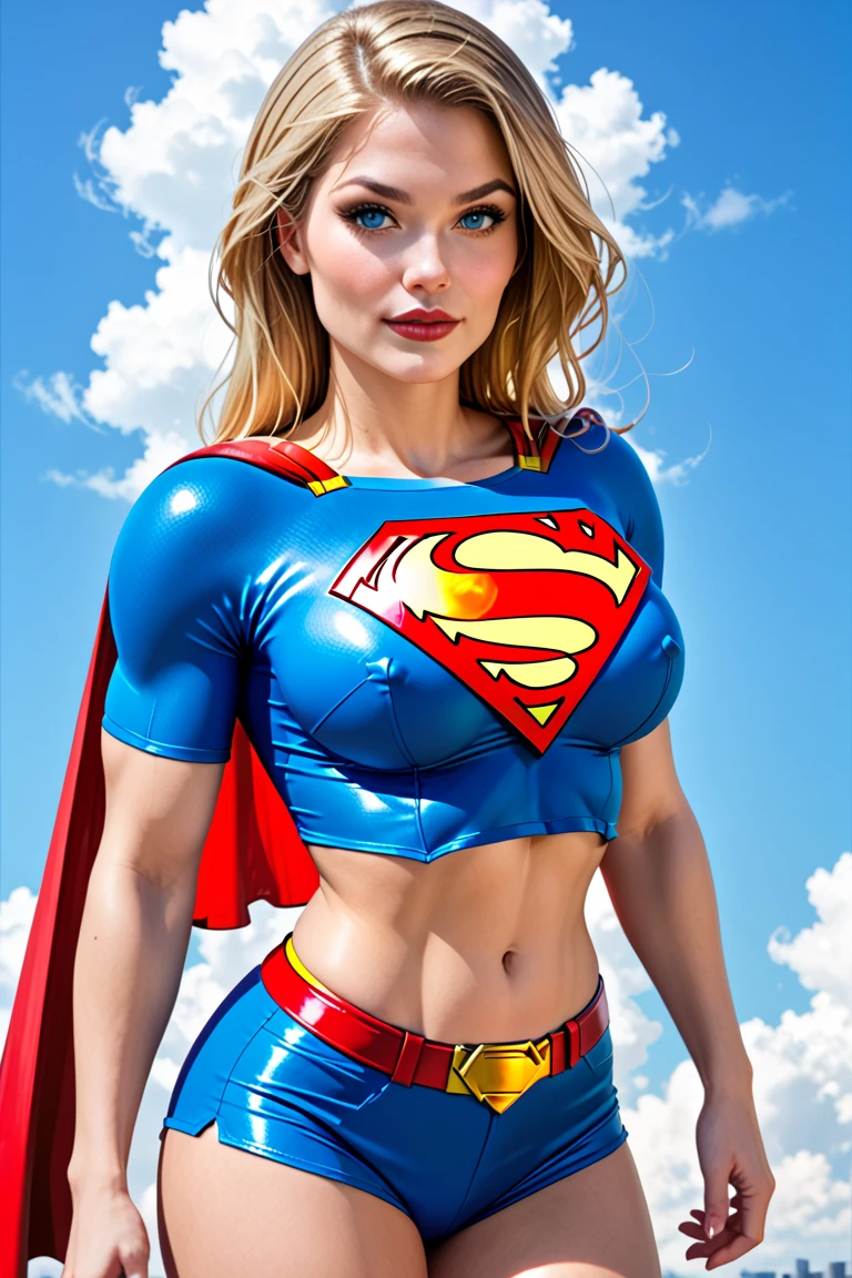 ((Masterpiece+best quality+high resolution+ultra-detailed), Melissa Benoist with blonde hair\(one piece\), long silky blonde hair, high nose, sharp blue eyes, noble and inviolable temperament, (([female]: 1.2 + [Beauty]: 1.2 + long blonde hair: 1.2)), Egyptian Scripture background, (one piece), Superman letter S collar jacket, crop top, midriff, navel, Sarong, short sleeves, eyewear on headwear, zipper, partially unzipped, Cowboy Shooting, aqua eyes, Dynamic angle and posture. With superman's S symbol in the background.