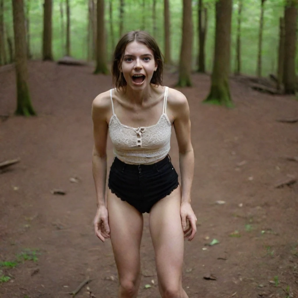 Nude Emma Stone, brunette, full body, photorealism, forest, open arms, smiling face 