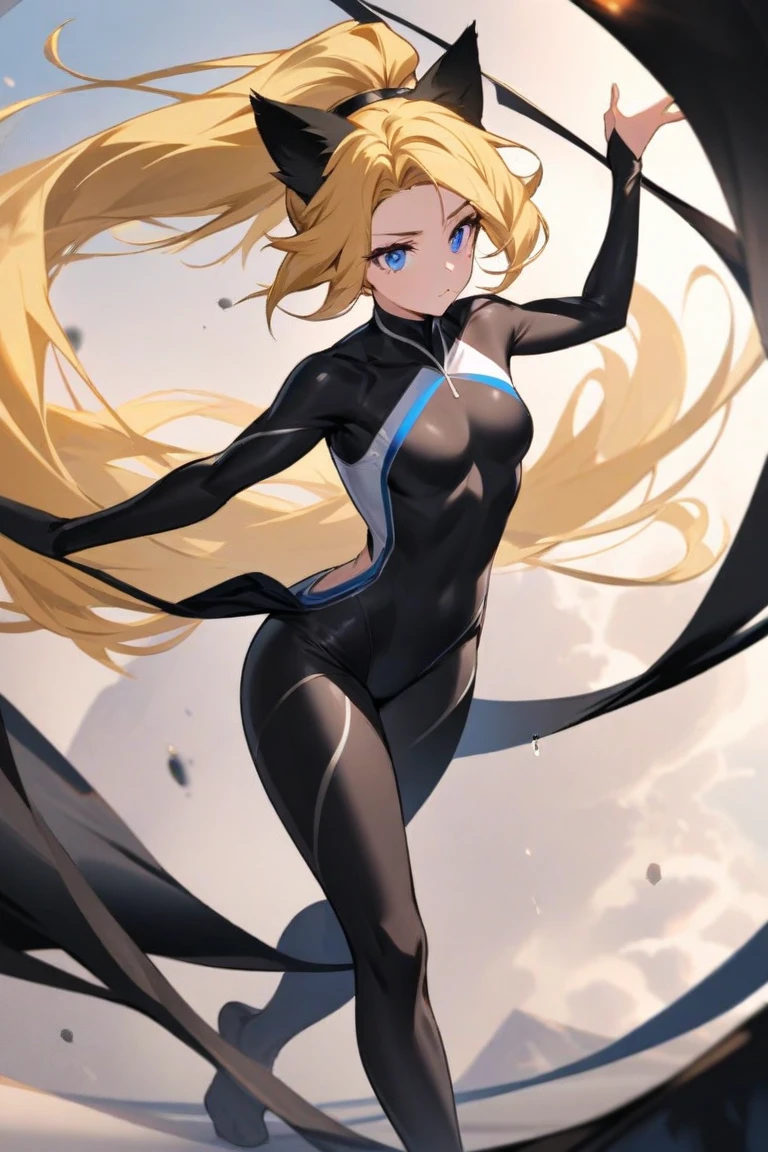 Spiderverse comic panel, woman with blonde hair, long hair, blue eyes, blue power, pale, 18 years old, light blue and black suit