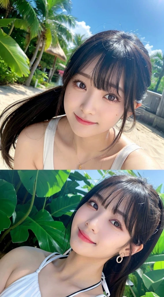 (Highest quality,16K quality,masterpiece:1.3),(Ultra-high resolution,Realistic:1.4,RAW Photos),Bust up shot,Natural soft light, whole body:1.3, Navel exposed:1.6, Detailed body:1.4, Exposed cleavage, ((Excited:1.3)) ((Wet:1.1)) ((Lying down)), 18-year-old:１.4, At the Beach