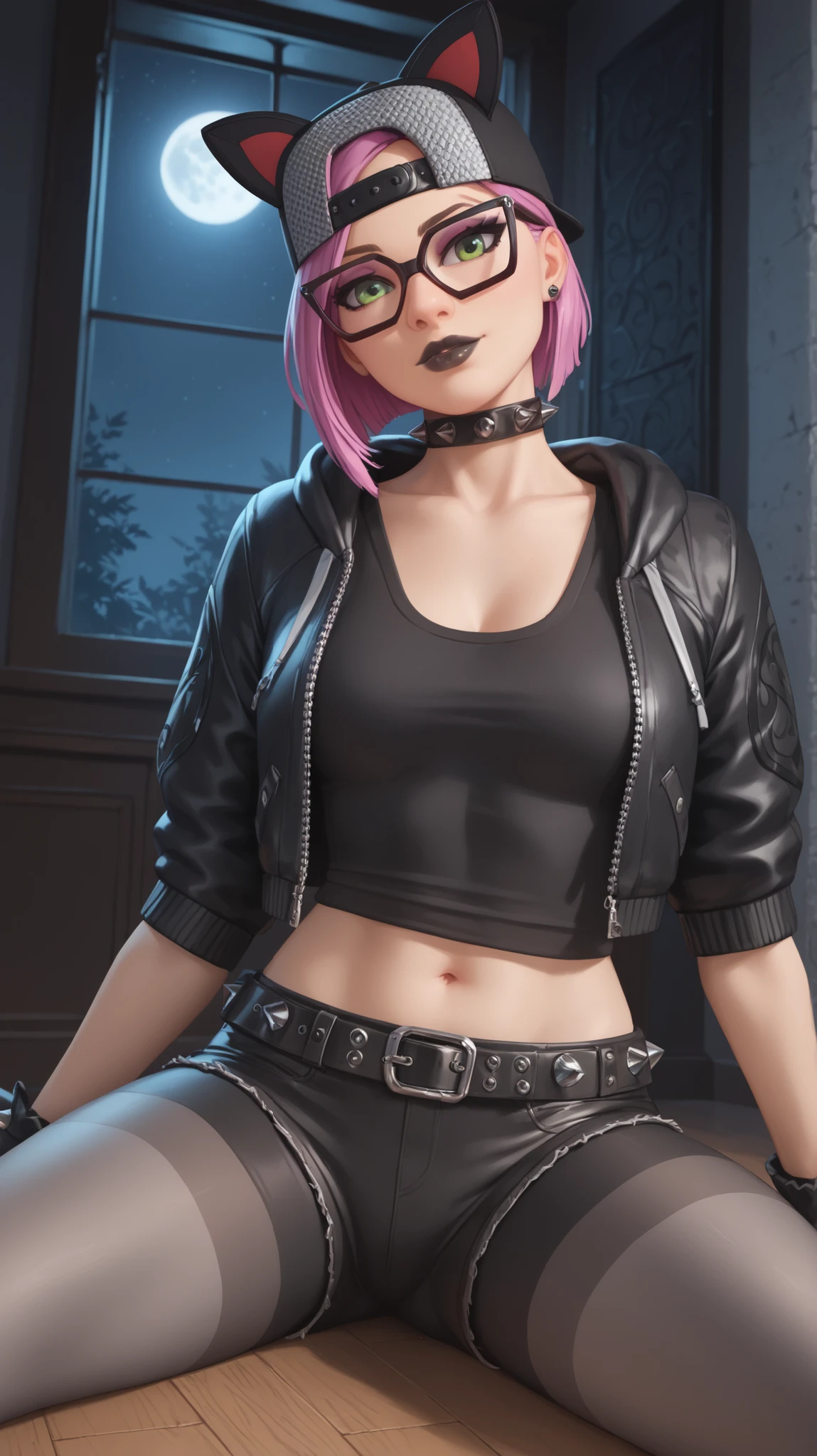 (nvinkpunk:1.5), (chill vampire 1girl:1.5), (very pale skin:1.4), wearing (jeans crop top jock jacket:1.4) (silver chains:1.2), pierced pointed ears, (lots of jewelry rings bracelets necklaces earrings:1.5), leaning against a brick wall in an alley, night, (midnight:1.2), dim street lamp, open mouth (fangs:1.3), gorgeous features, clear face, symmetrical face, beautiful face, rendered eyes, detailed eyes, beautiful hair, smile, (bare exposed crotch:1.1), long legs, [thick|slender] thighs, thigh gap, (small boobs:1.4), flat chest, (bare exposed breasts:1.2), small natural breasts, framed breasts, perky breasts, symmetrical breasts, perfect breasts, anatomy, athletic, bare middriff, navel, sexy, exotic, alluring, fit, mature, NSFW, masterpiece, highly detailed, 8k octane, HDR, ultra detailed, best quality, highest quality, realistic lighting, hyperdetailed