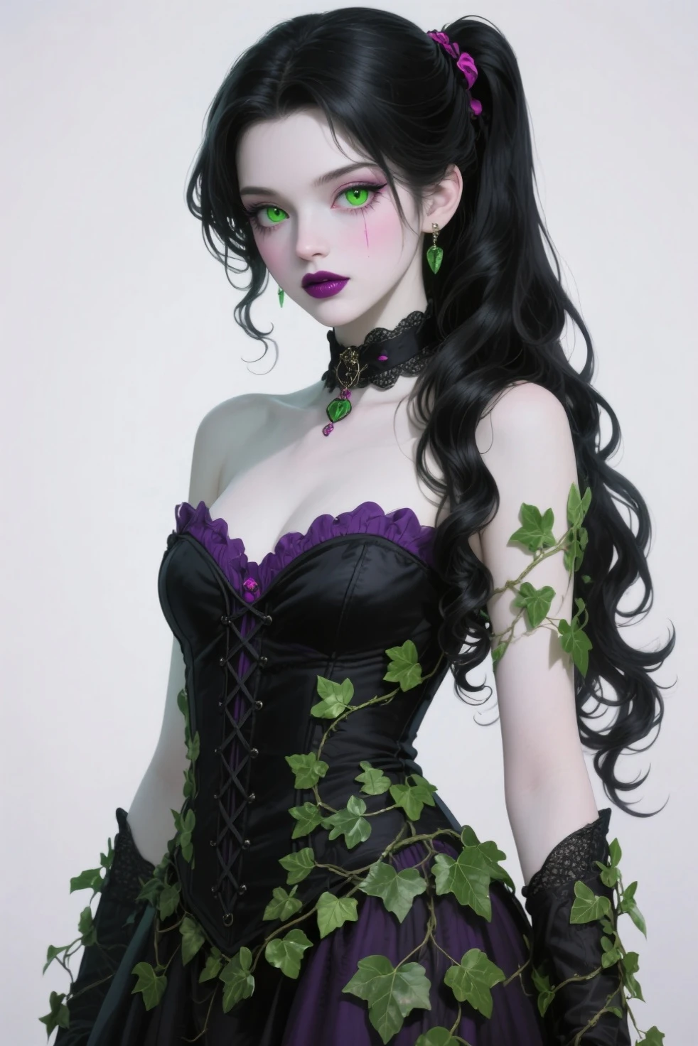sexy Spanish model who controls poison、beautiful smile、lipgloss、long lashes、intense makeup、look at the camera、full body Esbian、、sparkling poisoned flower costume、、、、shiny sparkling multicolor hair、secrete poison、skull hair accessories、fishnet tights、shiny sparkling dark magic forest background