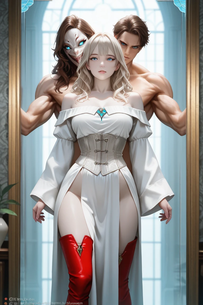 dark fantasy anime illustration of a (mature MILF BIMBO albino skin and short white hair), (FULL BODY) perfect face, wearing tight leather stealth armor, stalking, BIG KNOCKERS CLEAVAGE, lustful smirking smile red blush red cheeks, chain leash, kneeling, shackles, leather black collar slave, ((BLACK background)) hands on glass WITH KNOCKERS on glass, glass window fog water drop, 5 fingers each hand, metal handcuffs, black choker collar, thigh highs, long legs, metal ankle, metal sandals, metal shoulders, standing straight symmetrical against glass