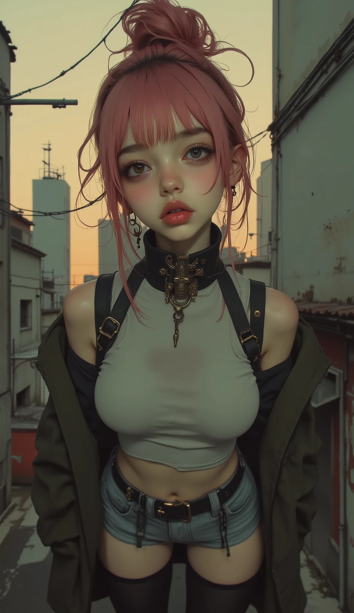 ((best quality)), ((masterpiece)), ((realistic)), (detailed), (1 girl) women, hoodie, arm tattoo, portrait, asymmetrical bangs, bandaid, short hair, bangs, breasts, freckles, grey eyes, large breasts, looking at viewer, neck tattoo, nose piercing, pink hair, solo, tattoo on face, upper body, detailed background, town, alley, dark alley, portrait, hood on head, night, angry, close up, closed mouth, ((masterpiece)), absurdres, wet skin, dynamic view, fair skin,