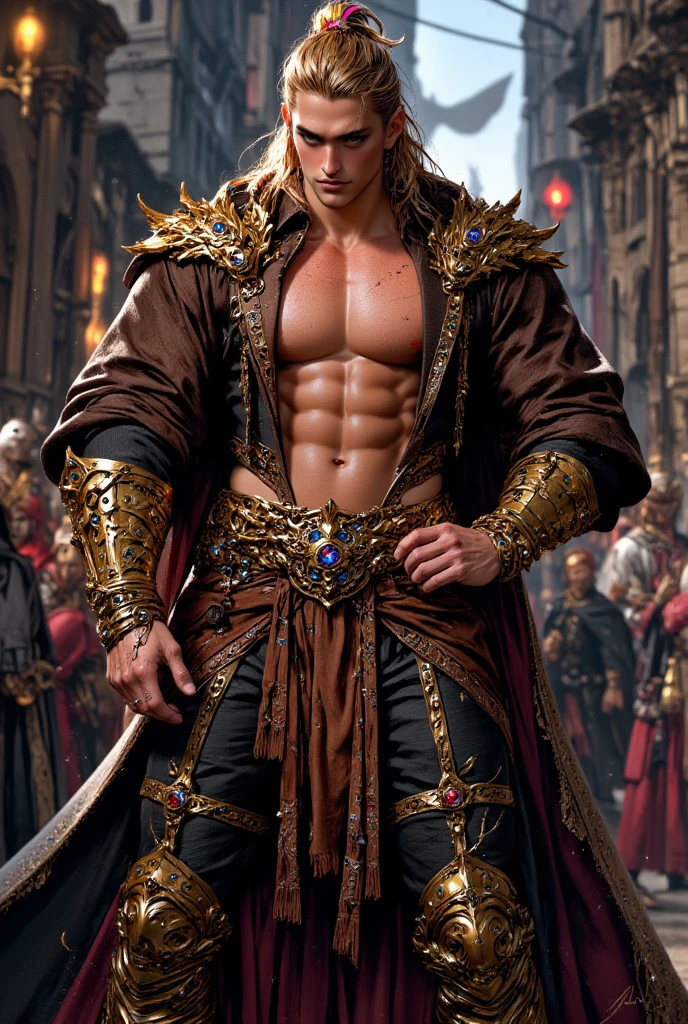 disconsolate,Ambient,artistic conception,large scene,The wind blew up the white curtains,Dattain lamps,Diffuse light,chest muscle,detailed face, Shirtless, stubbles, Sideburns, musculature, Strong handsome korean guy, a golden statue of handsome men god , multiple hands holding some weapons, , Hanfu,Golden blue、Jing Qing Moqing、jackson wang, Plain cherry blue,Junyi,Dignified atmosphere,Temperament,Short hair, Flat-headed beautiful man,The light is gentle,The scene comes to life